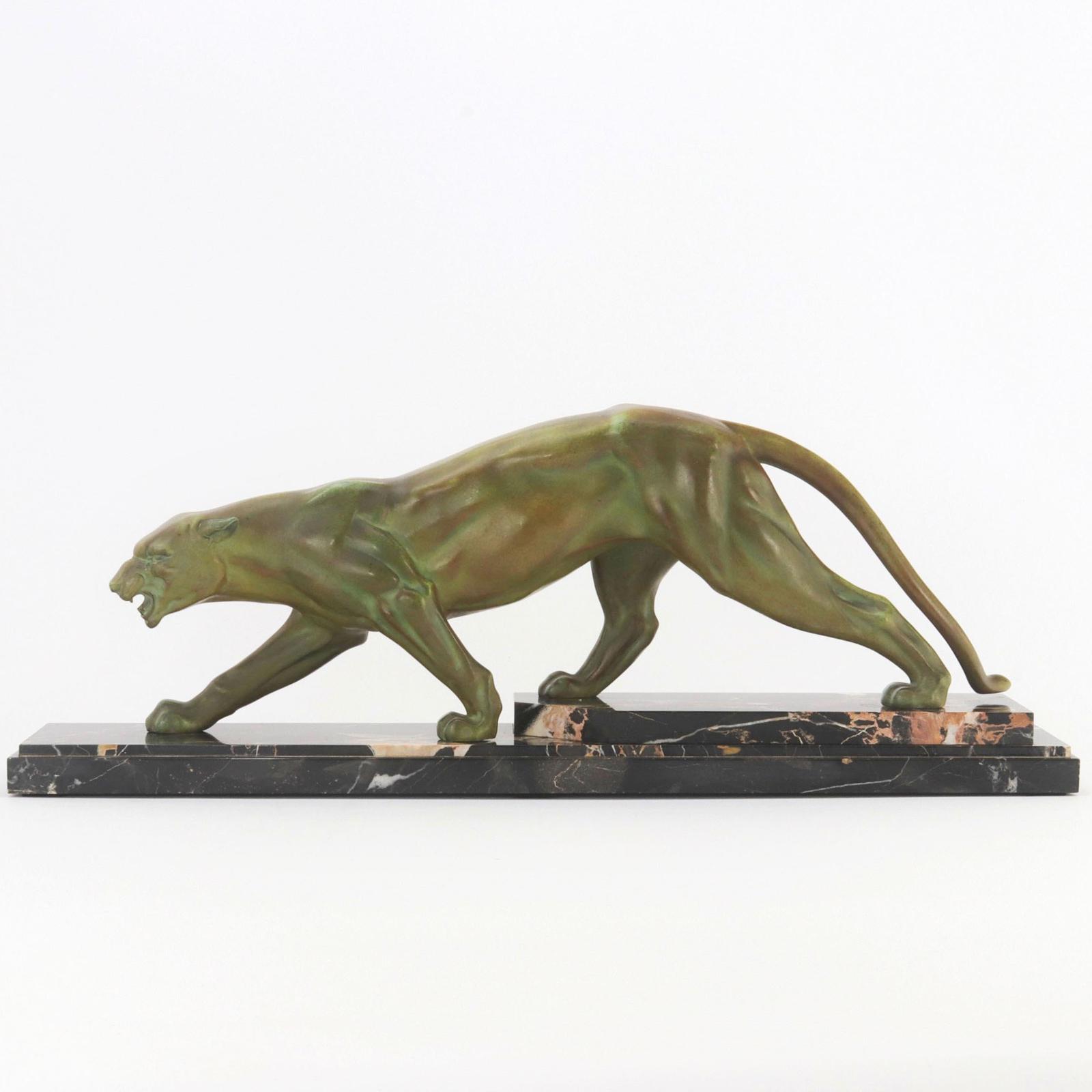 Large French Art Deco Patinated Spelter Prowling Panther on Marble Base c1925 (1 of 9)