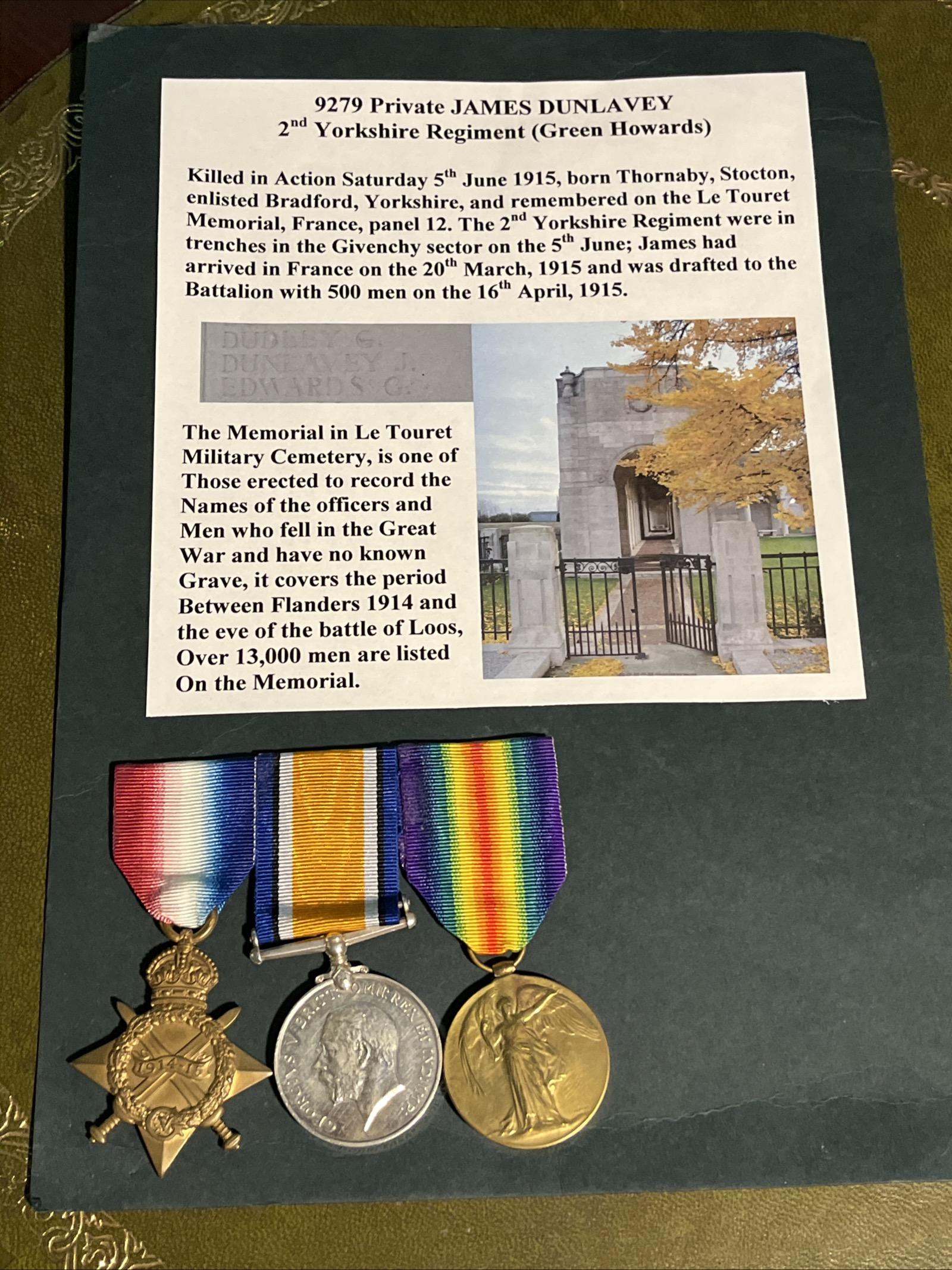 World War I Medal Trio - Killed In Action - Private Dunlavey (1 of 10)