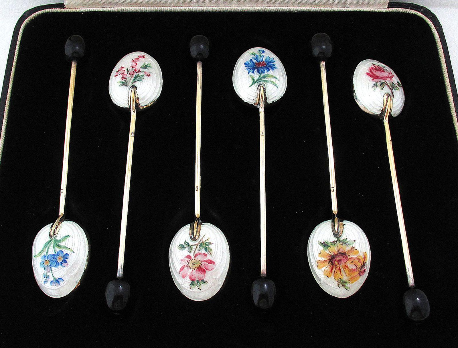 Cased Vintage Solid Sterling Silver Gilt English Floral Enamel Tea Coffee Bean Spoons 1954 (1 of 8)