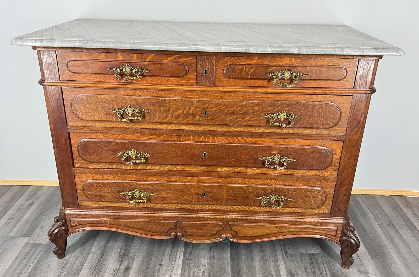 Antique French Style Marble Top Brass Oak Chest of Drawers (1 of 14)