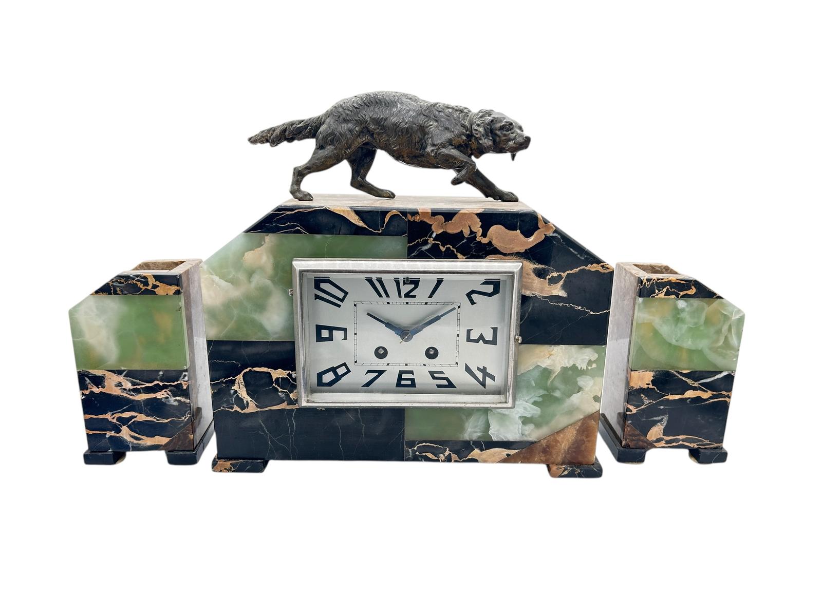 Fabulous French Art Deco Marble & Retriever Dog Figural Mantel Clock Set – Ca1920 (1 of 10)