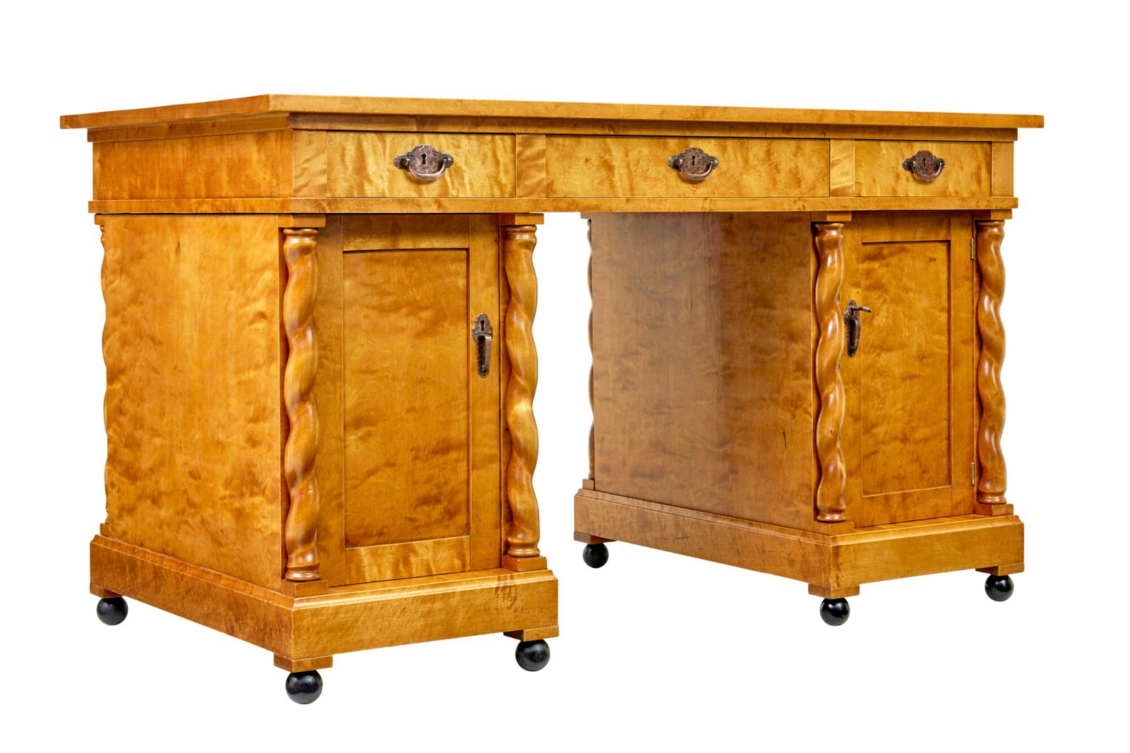 Swedish Early 20th Century Carved Birch Pedestal Desk (1 of 11)