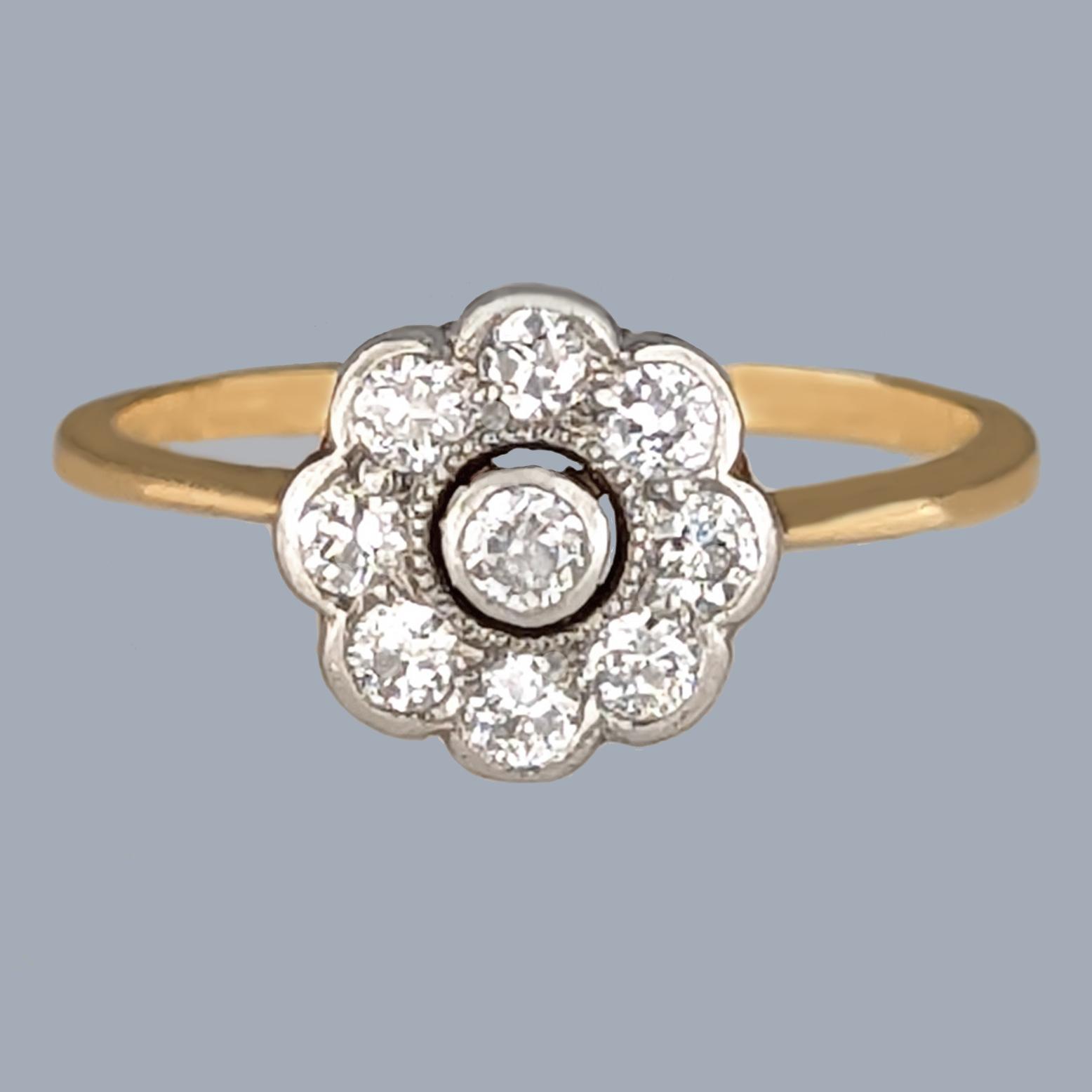 Antique Edwardian Diamond Cluster Ring – 18ct Gold & Platinum, Floral Daisy Design, c.1910 (1 of 7)