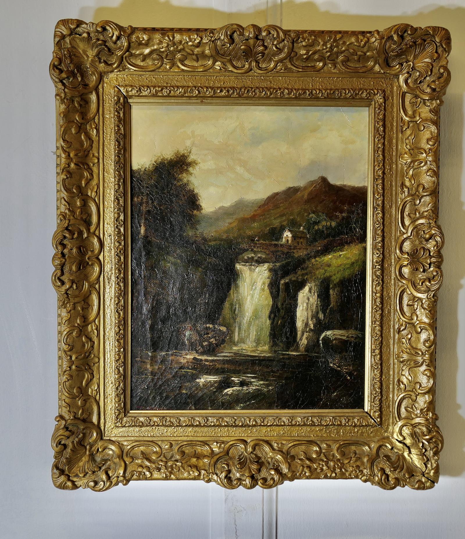 Unsigned Victorian Oil Painting of Waterfall (1 of 6)