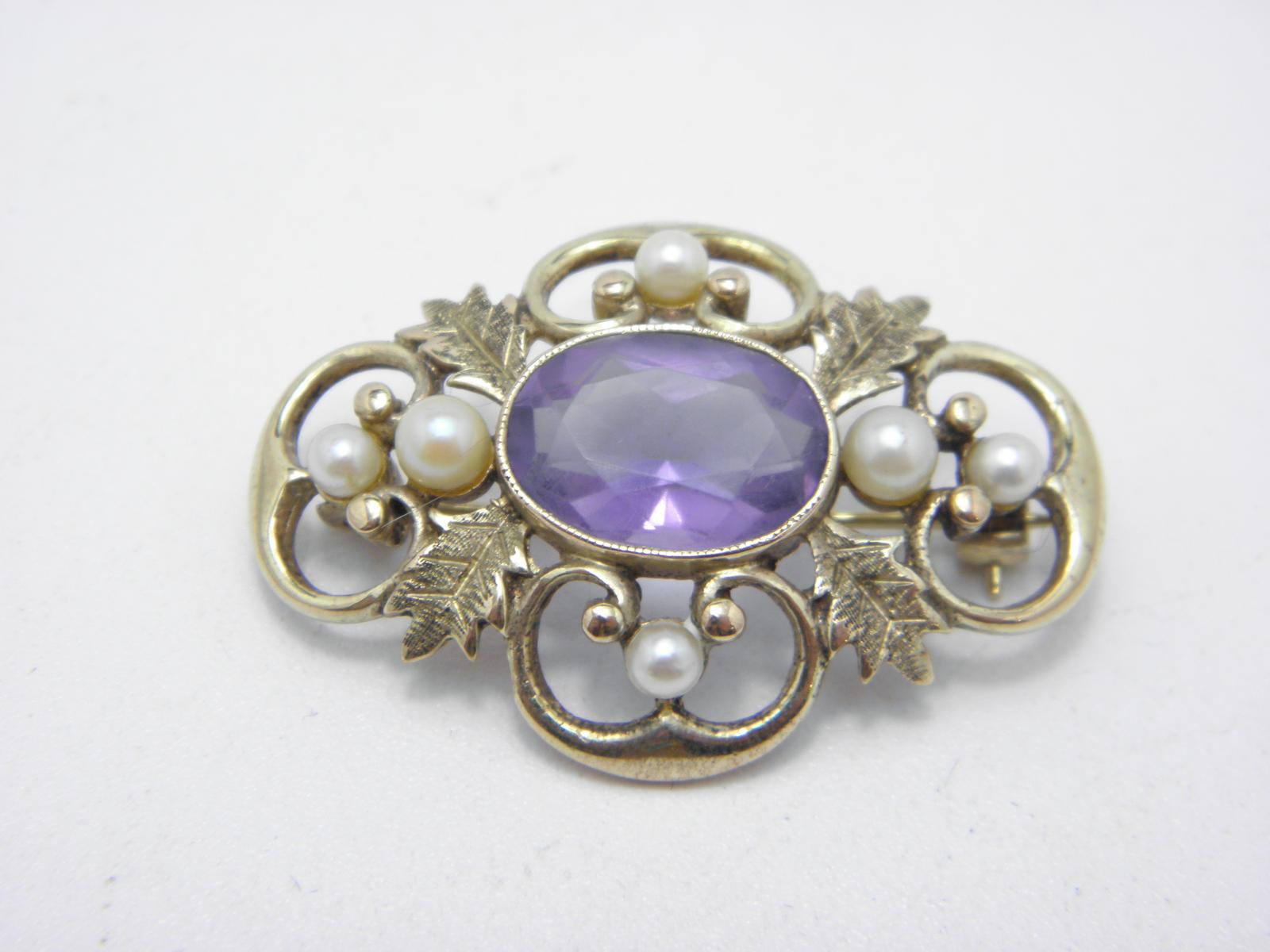 Vintage 9ct Gold Massive Amethyst Pearl Brooch Pin c.1960 High Quality 9g (1 of 11)