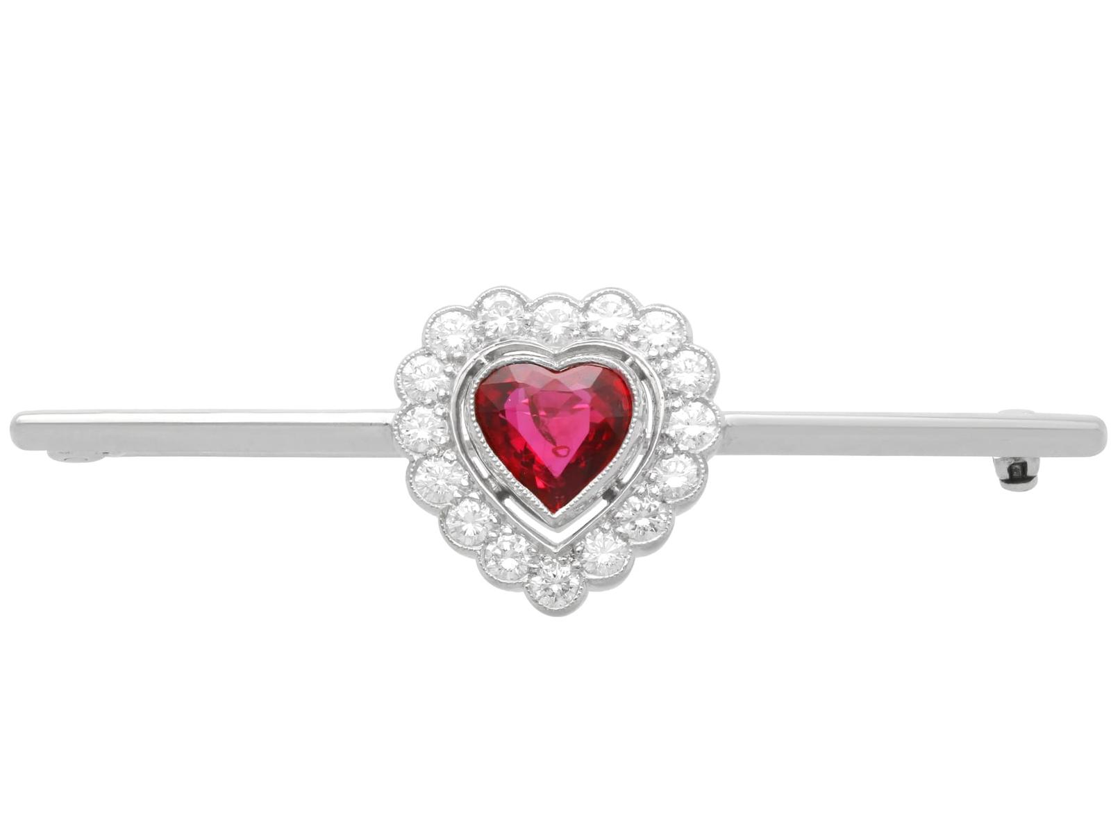 Vintage 1.15ct Ruby & 0.80ct Diamond, 18k White Gold Heart Bar Brooch 1968 (1 of 11)