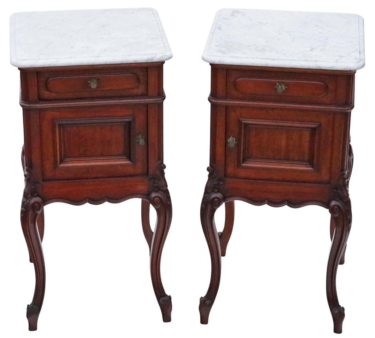 Antique c.1920 Pair of Marble & Mahogany Bedside Tables – Quality Nightstands (1 of 9)