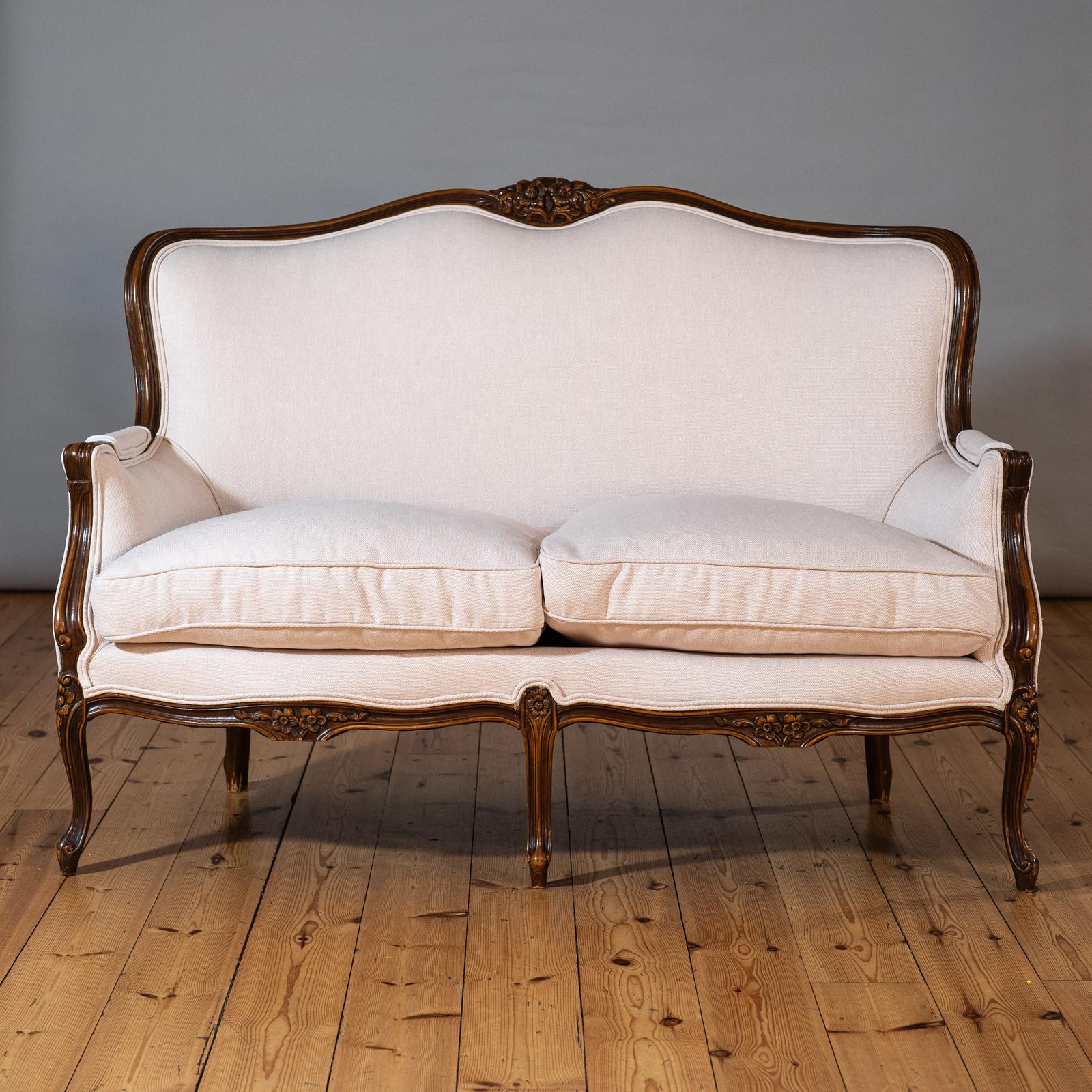 Large French XV Style Carved Walnut Upholstered Sofa (1 of 9)