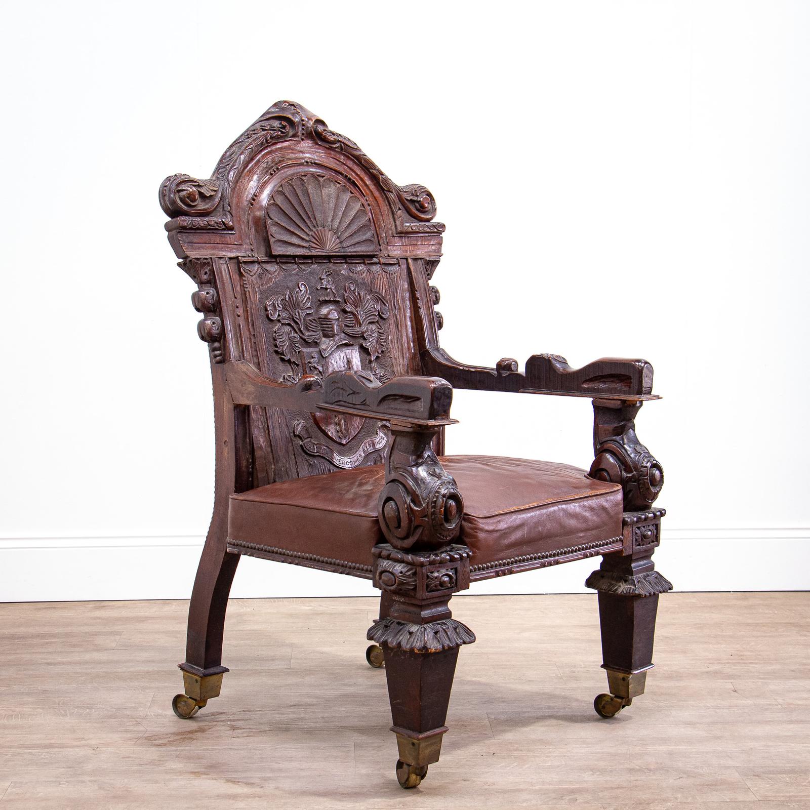 Carved Oak Throne Armchair with Leather Seat (1 of 14) Carved Oak Throne Armchair with Leather Seat (1 of 14)