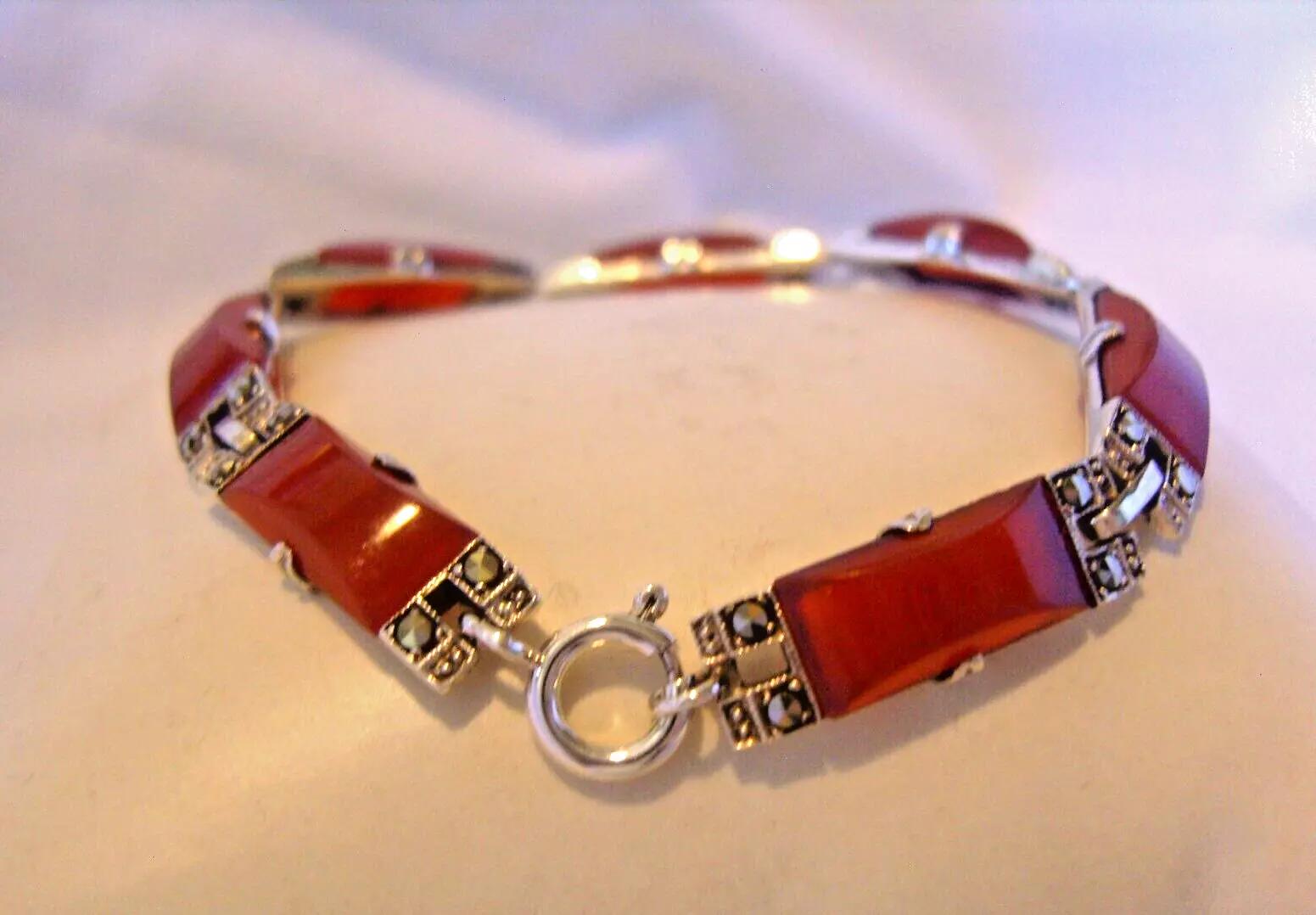 Silver Bracelet 1930s Art Deco Red Carnelian Glass & Marcasite 7" Length (1 of 14)