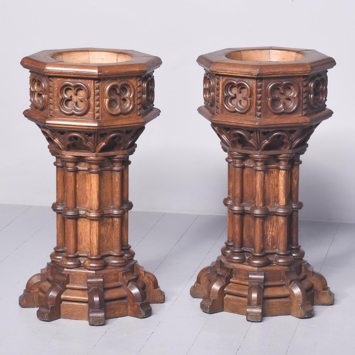 Pair of Oak Gothic Style Carved Pedestals (1 of 7) Pair of Oak Gothic Style Carved Pedestals (1 of 7)
