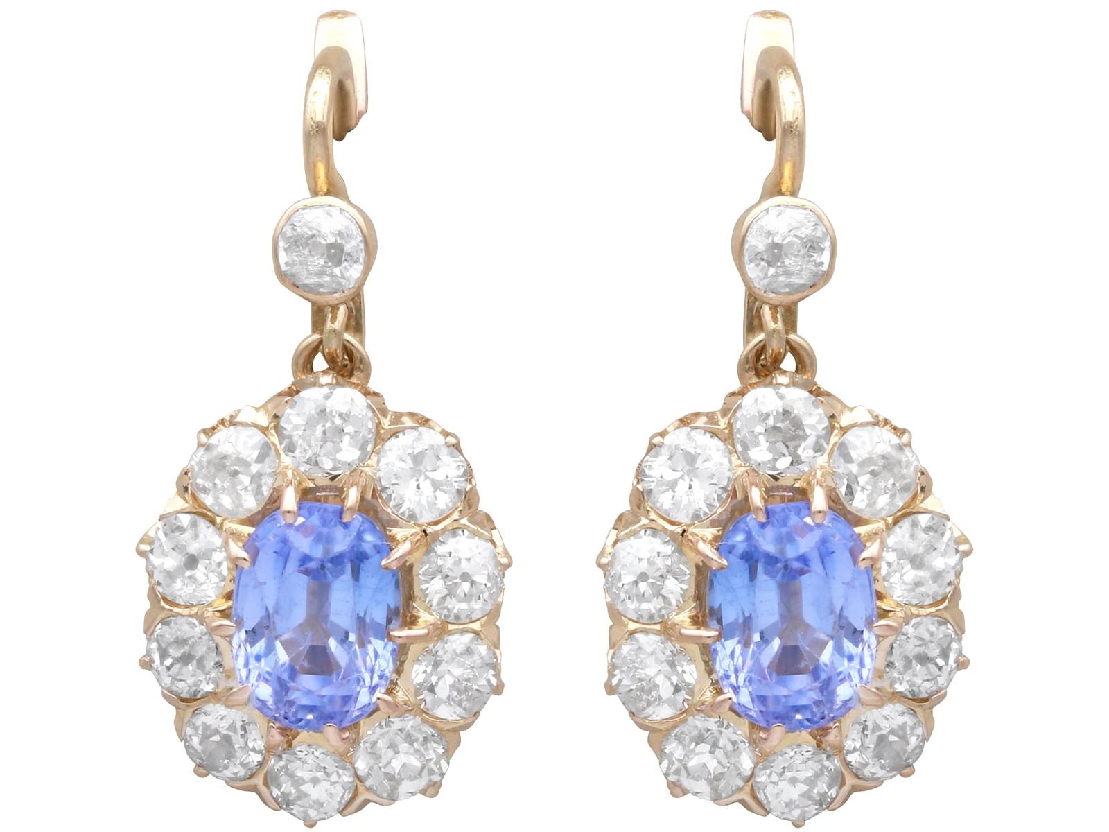 Antique 2.27ct Sapphire & 2.52ct Diamond, 18ct Yellow Gold Drop Earrings c.1920 (1 of 8) Antique 2.27ct Sapphire & 2.52ct Diamond, 18ct Yellow Gold Drop Earrings c.1920 (1 of 8)
