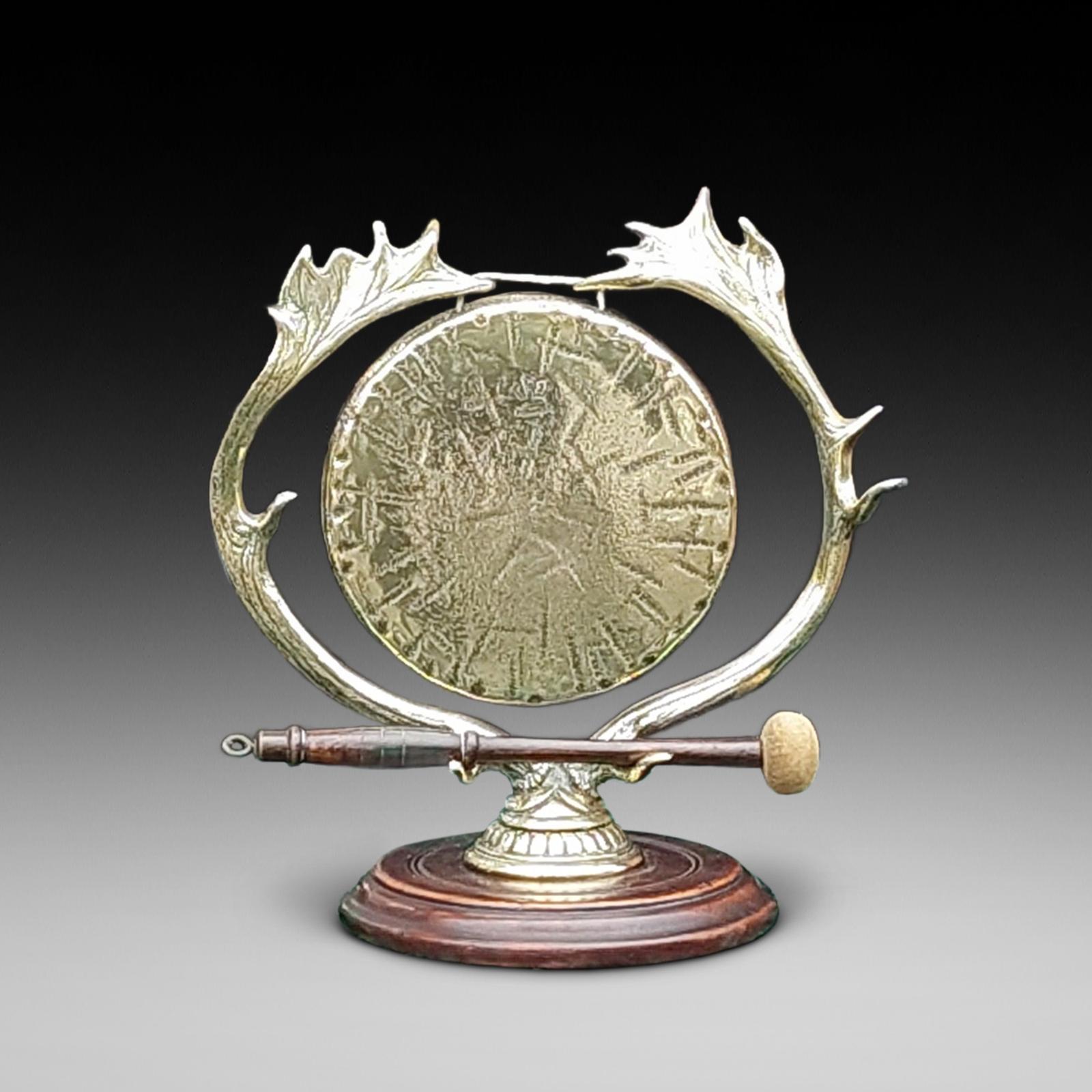 Early 20thc Brass & Oak Table Top Gong (1 of 5)