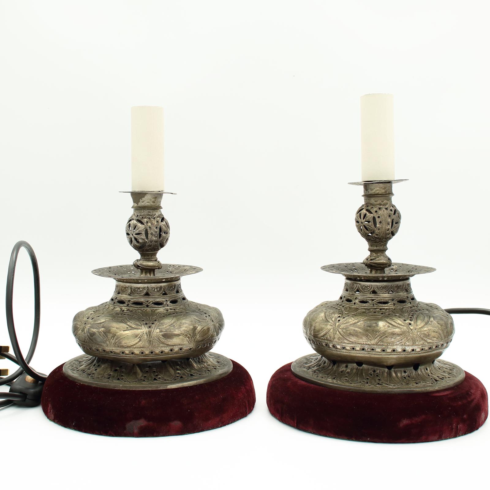 Pair of Islamic Pierced Metal Table Lamps with Red Velvet Base (1 of 25) Pair of Islamic Pierced Metal Table Lamps with Red Velvet Base (1 of 25)