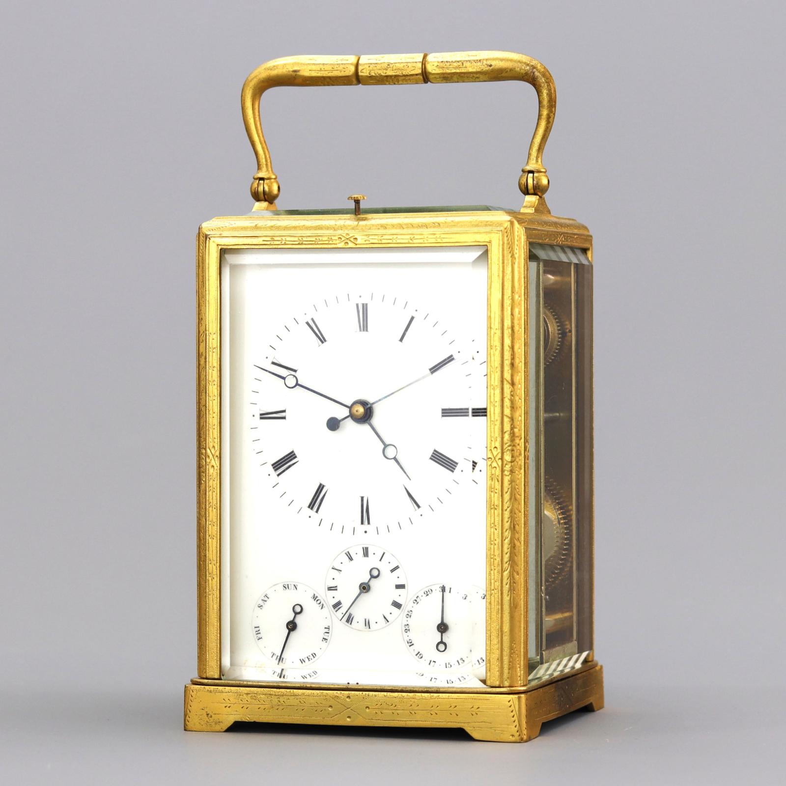 Engraved Gilt Centre-seconds Calendar Alarm Carriage Clock by Japy Freres (1 of 11)