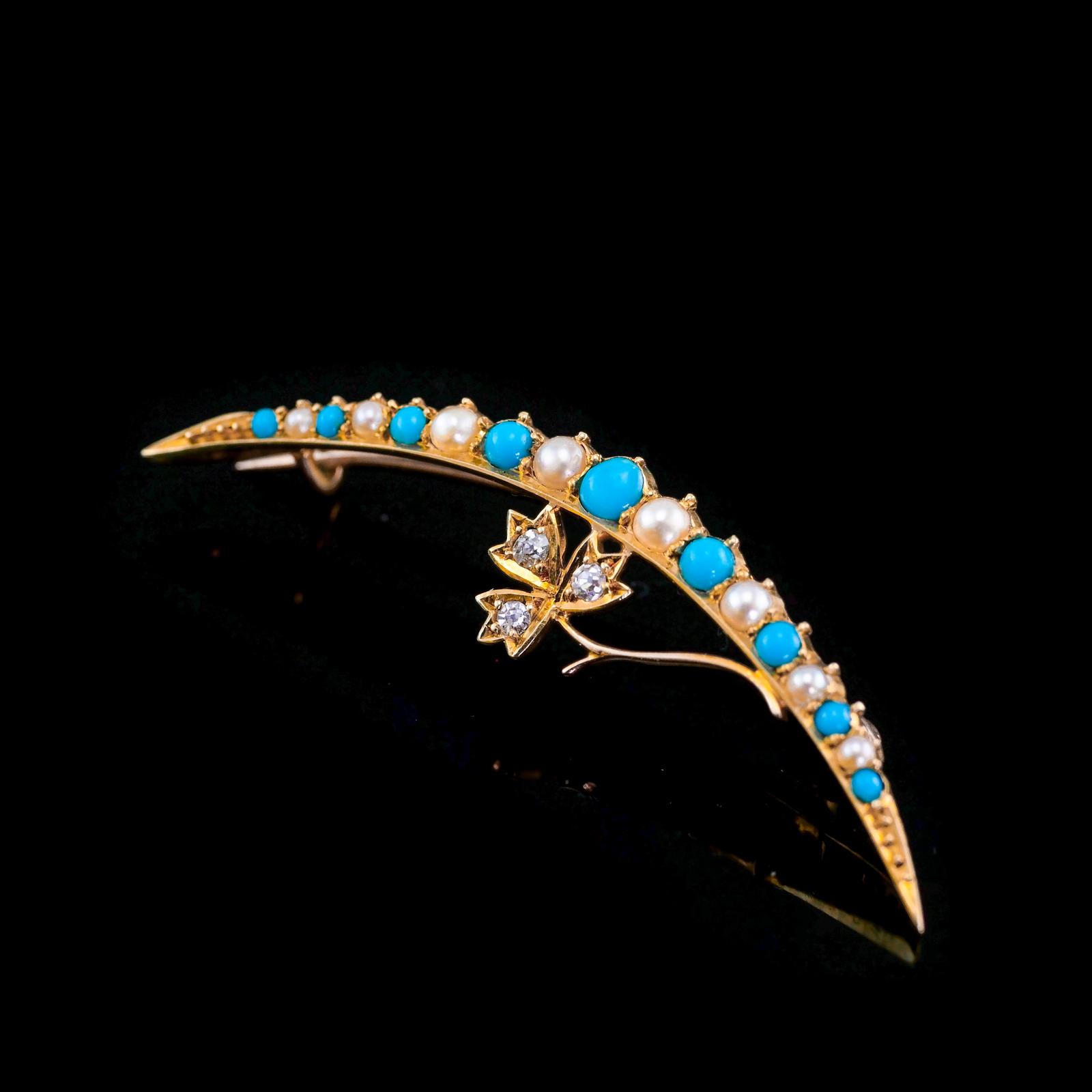 Antique Victorian 15k Gold Turquoise, Pearl & Diamond Crescent Brooch - c.1900 (1 of 19)
