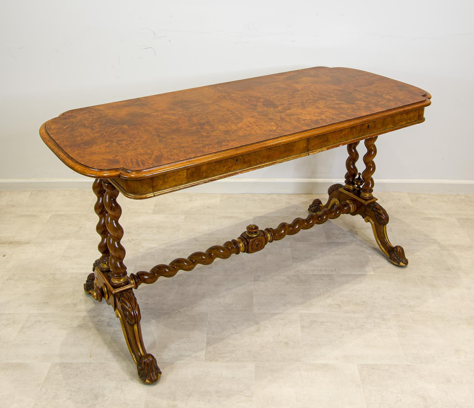 Antique Victorian Burr Walnut Library Table with Barley Twist Legs & Dual Drawers c.1880 (1 of 7)