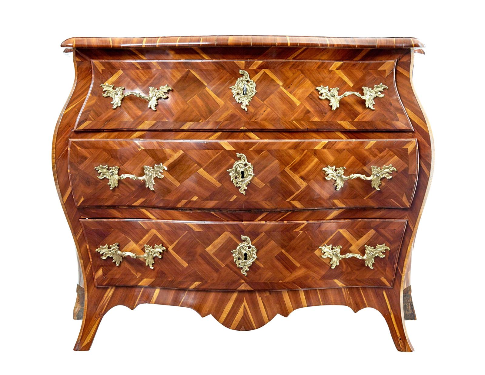 Early 18th Century Rococo Inlaid Plum Bombe Chest of Drawers (1 of 12)