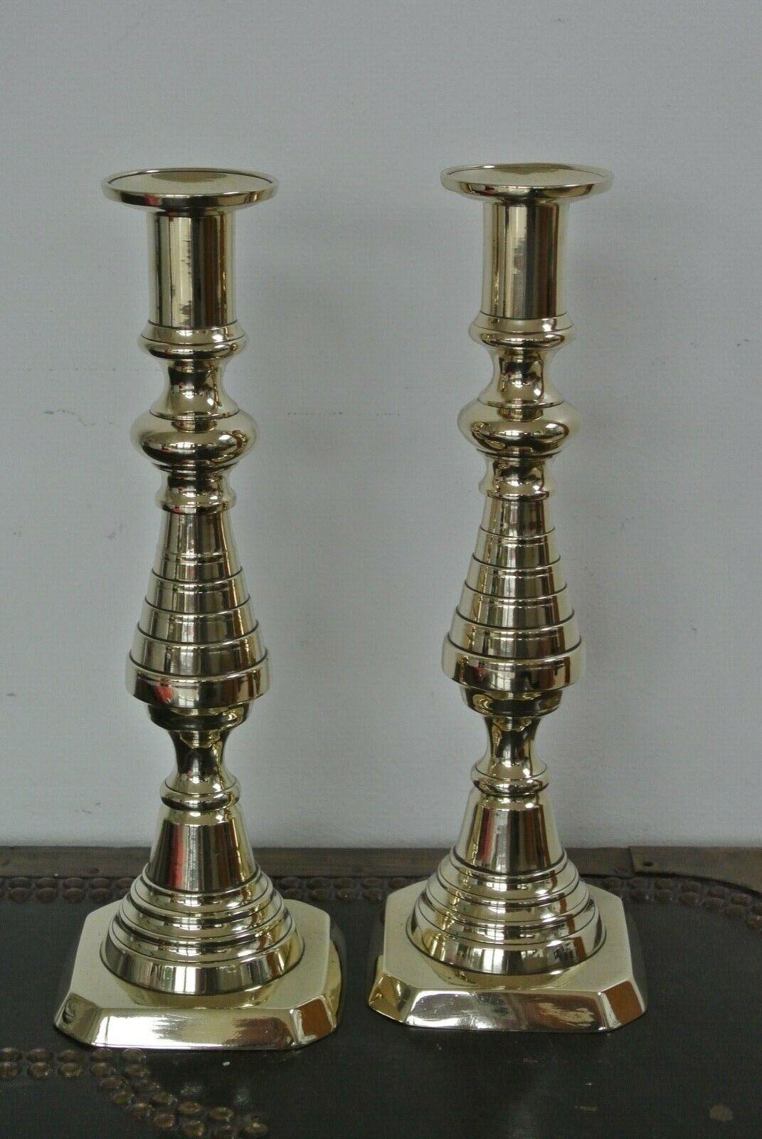 Pair of Victorian Brass Beehive Candlesticks Original Through Pushers 10" (1 of 6)