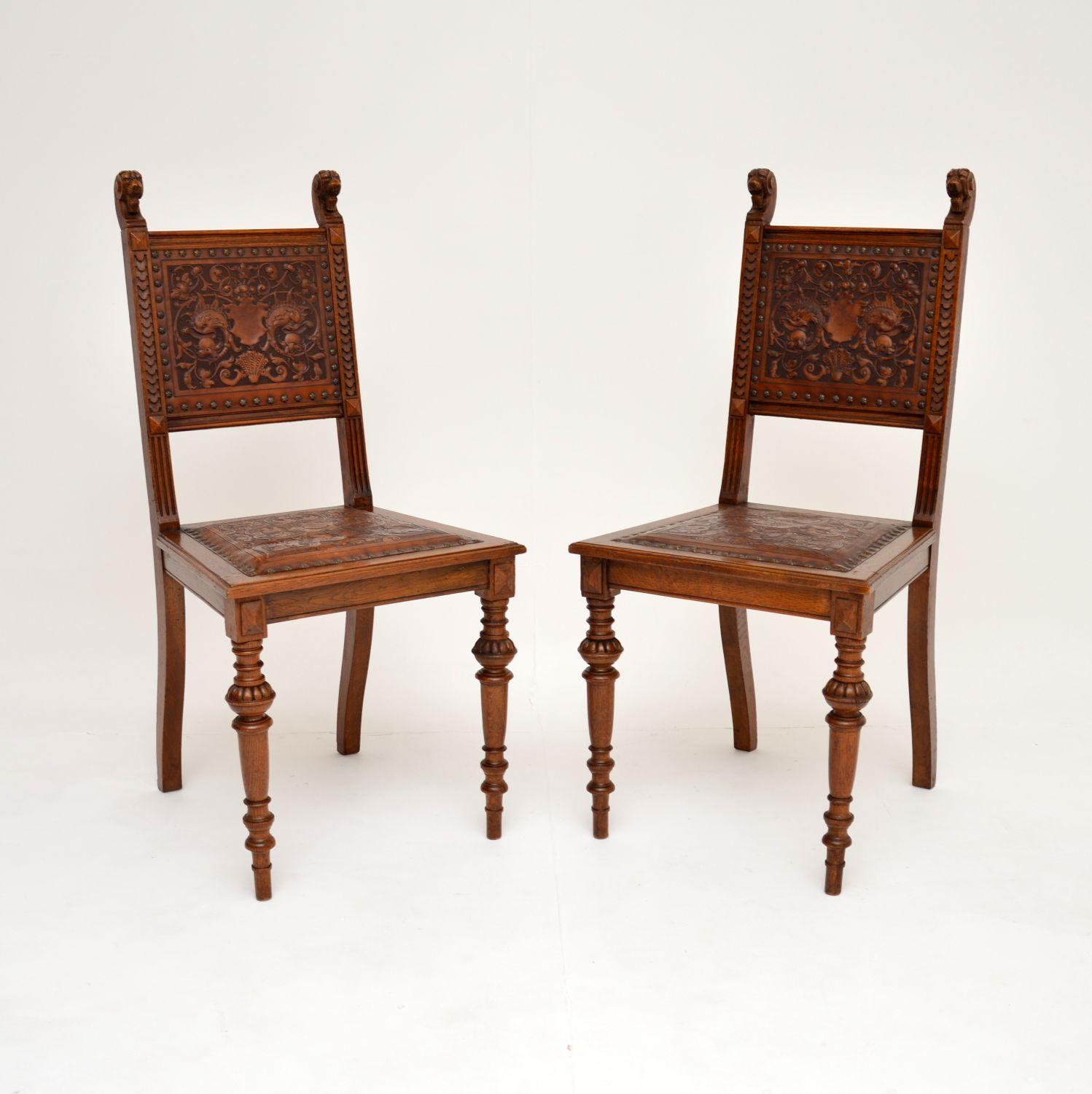 Pair of Antique Victorian Carved Oak & Leather Side Chairs (1 of 11) Pair of Antique Victorian Carved Oak & Leather Side Chairs (1 of 11)