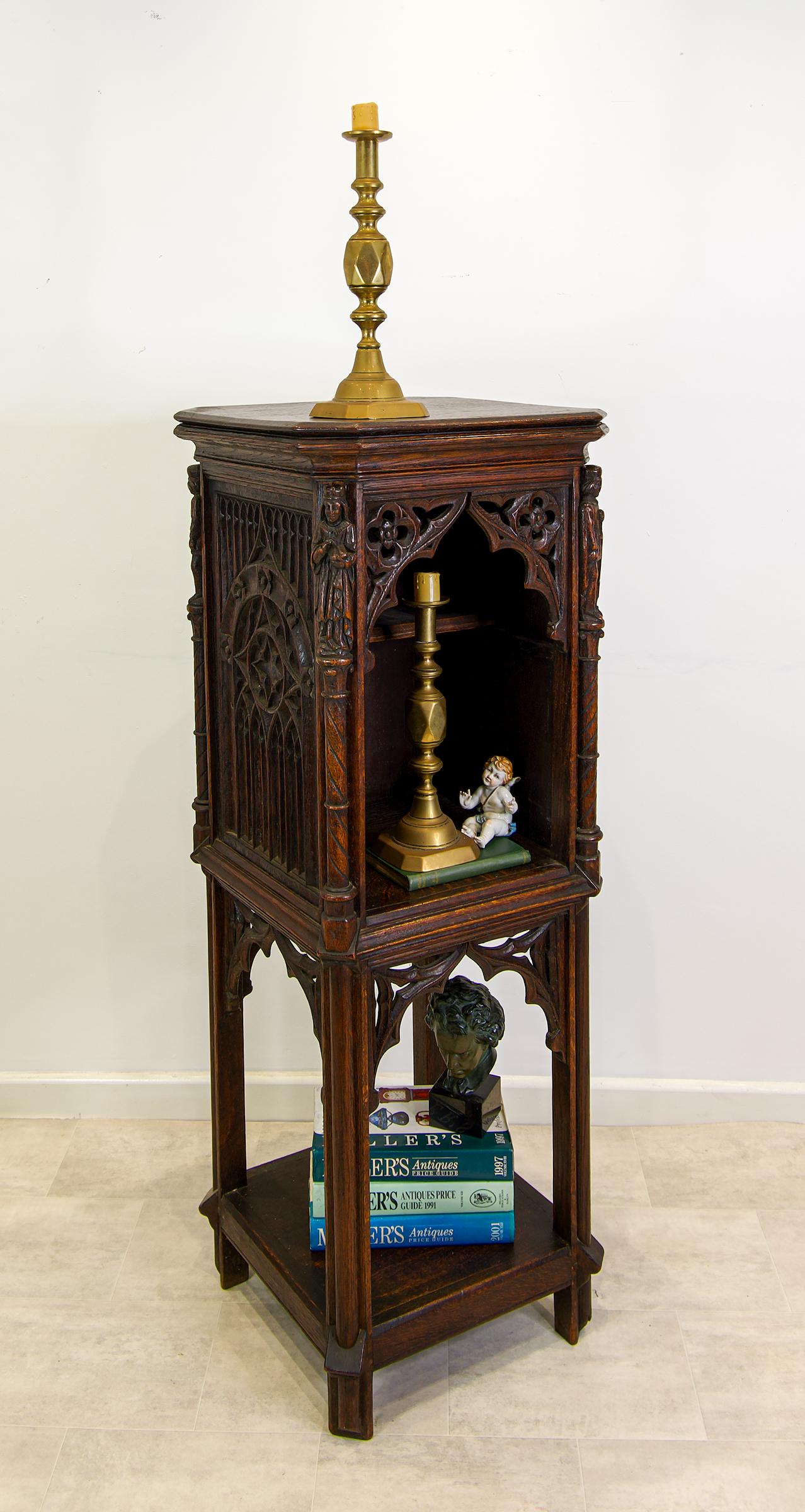 Antique Gothic Revival Carved Oak Stand Cabinet with Figures – 19th Century (1 of 7)