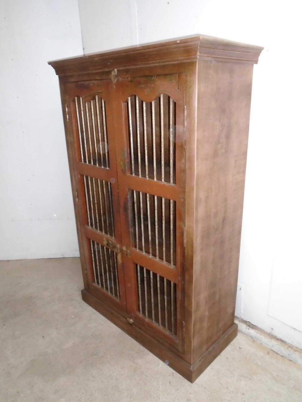 Handmade Indian Mango & Teak Grill Painted Brown 2 Door Kitchen Cupboard (1 of 10)