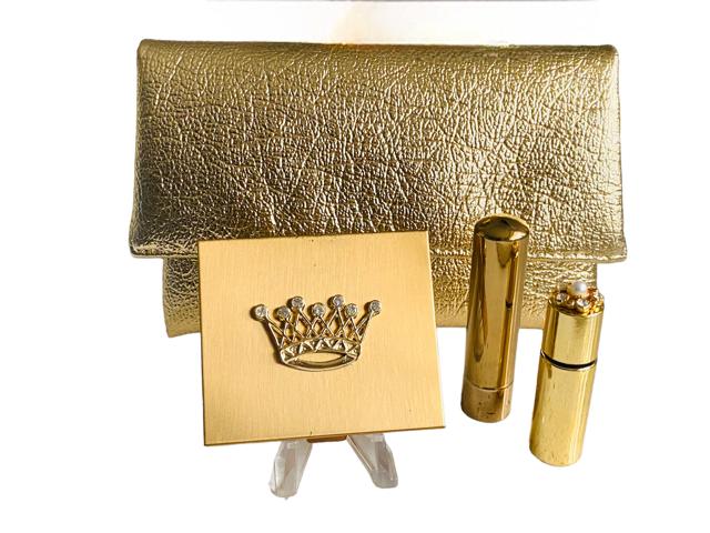 Vintage 1950s Majestic Vanity Set Powder Compact Lipstick & Perfume Bottle Holder in Gold Pouch (1 of 11)