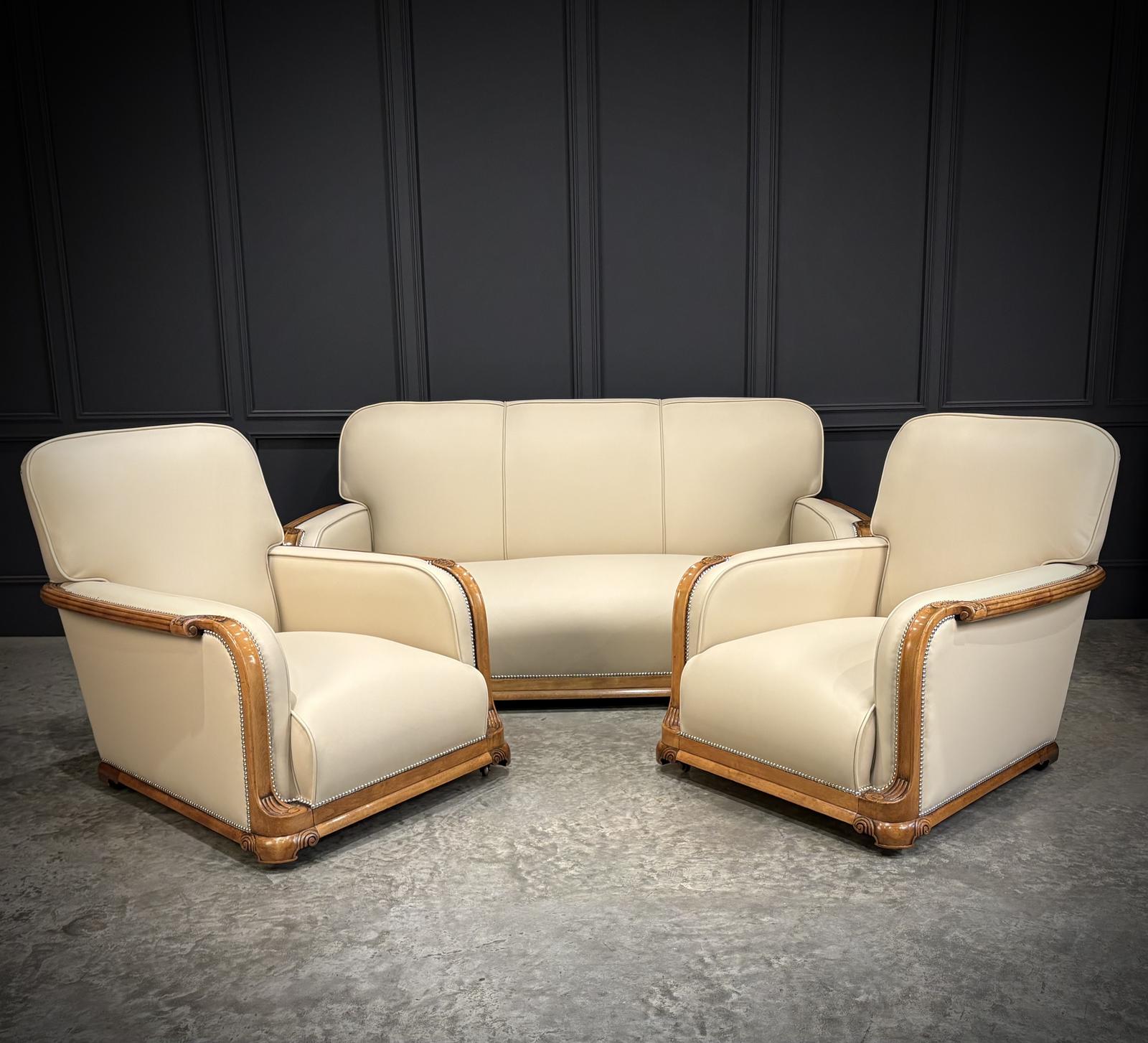 Art Deco Walnut & Leather 3-Piece Suite (1 of 25)