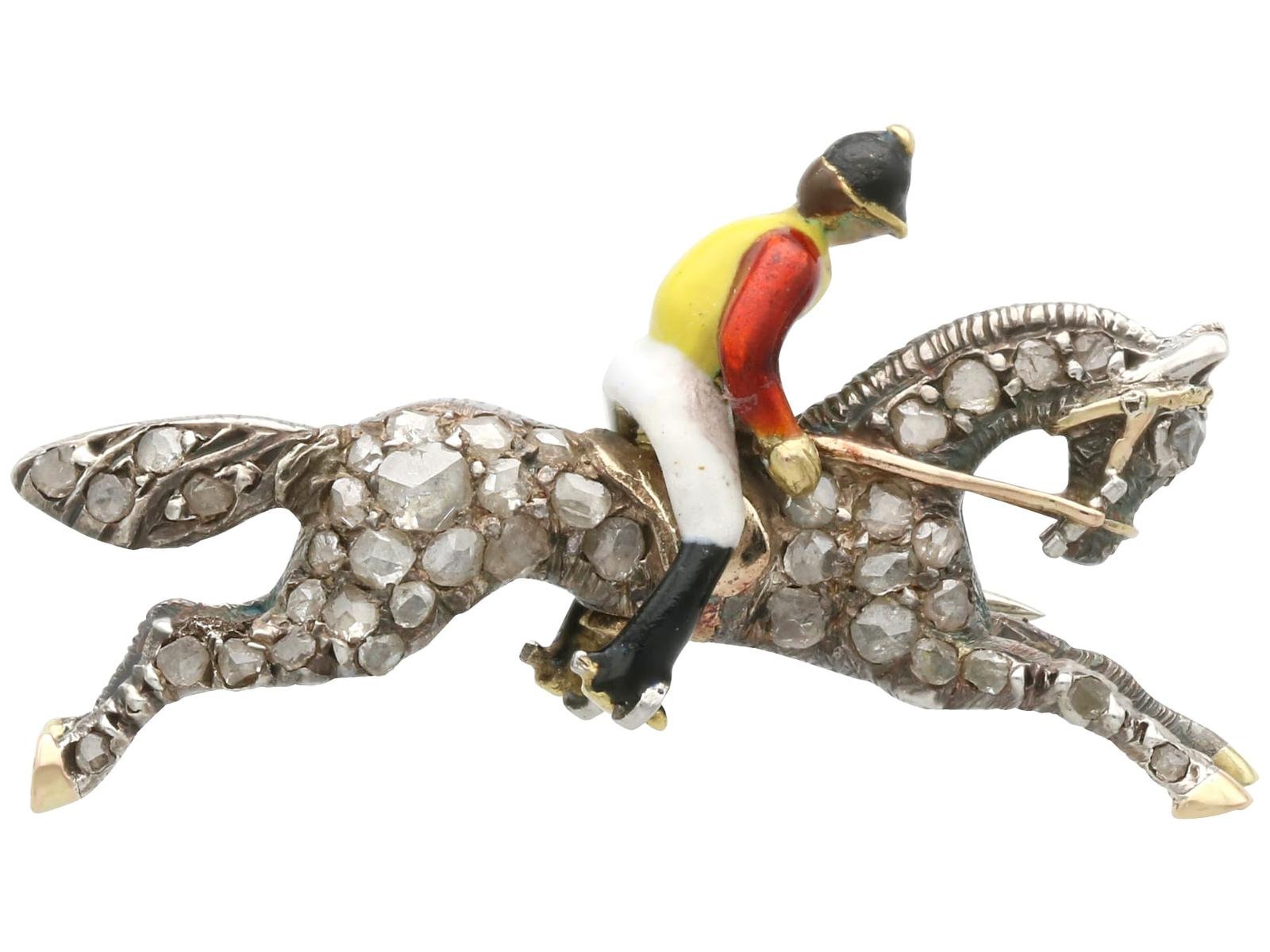 Antique 0.52ct Diamond and Enamel, 12ct Yellow Gold Jockey Brooch Circa 1930 (1 of 13)