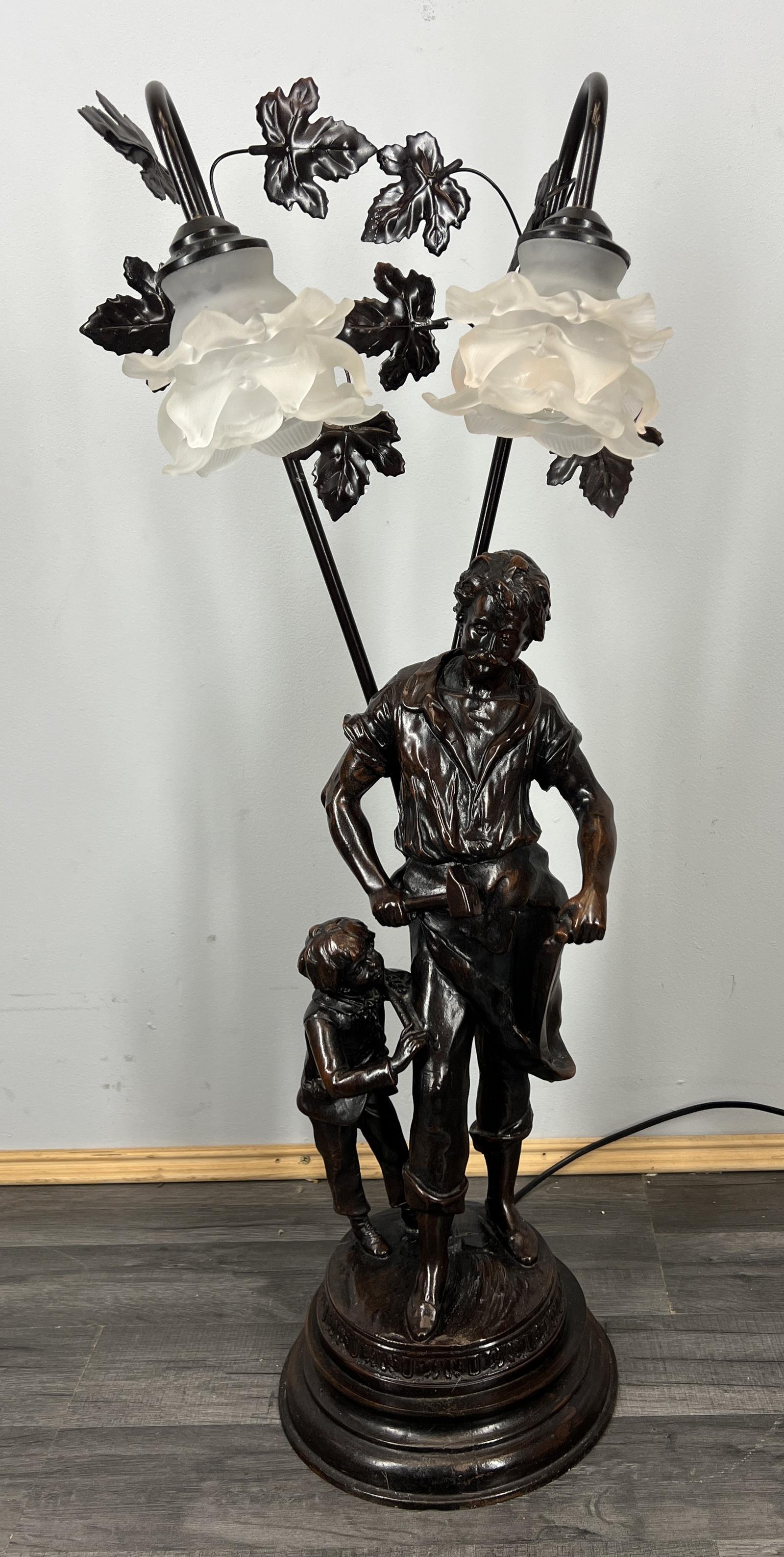 Lamp Vintage French Figural Double Light with Frosted Glass Shades (1 of 9)