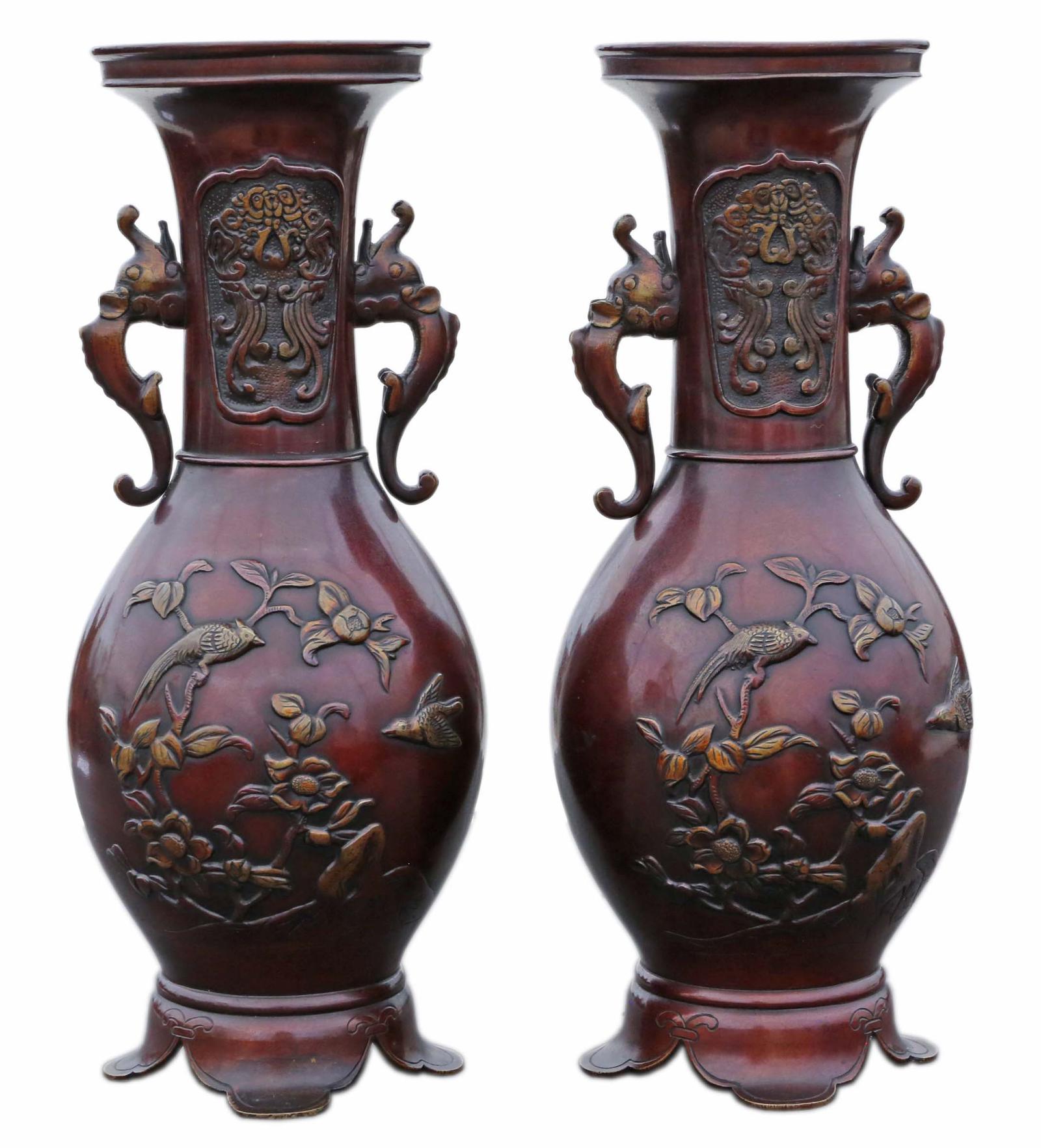 Pair of Fine Quality Japanese Bronze Vases - Meiji Period c.1910 (1 of 6)