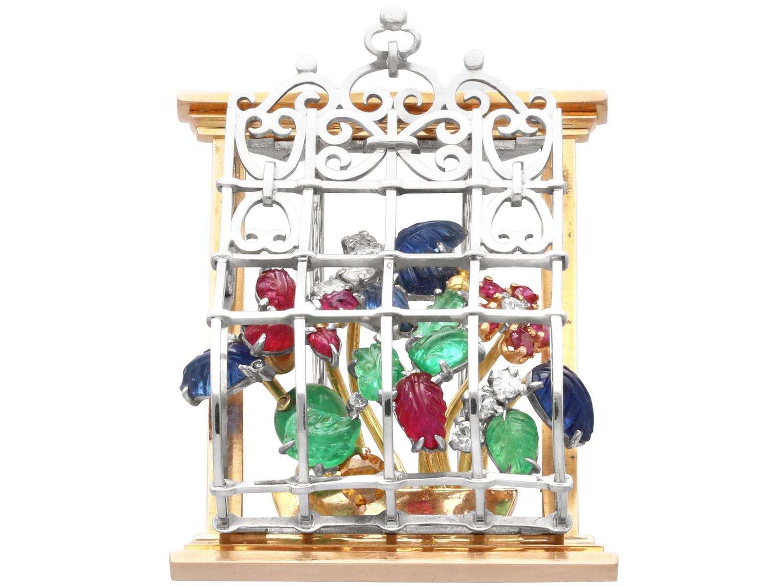 Vintage 2.80ct Emerald, 1.75ct Ruby, 2.10ct Sapphire, 0.26ct Diamond & 18ct Gold Window Brooch by Gubelin c.1950 (1 of 12)