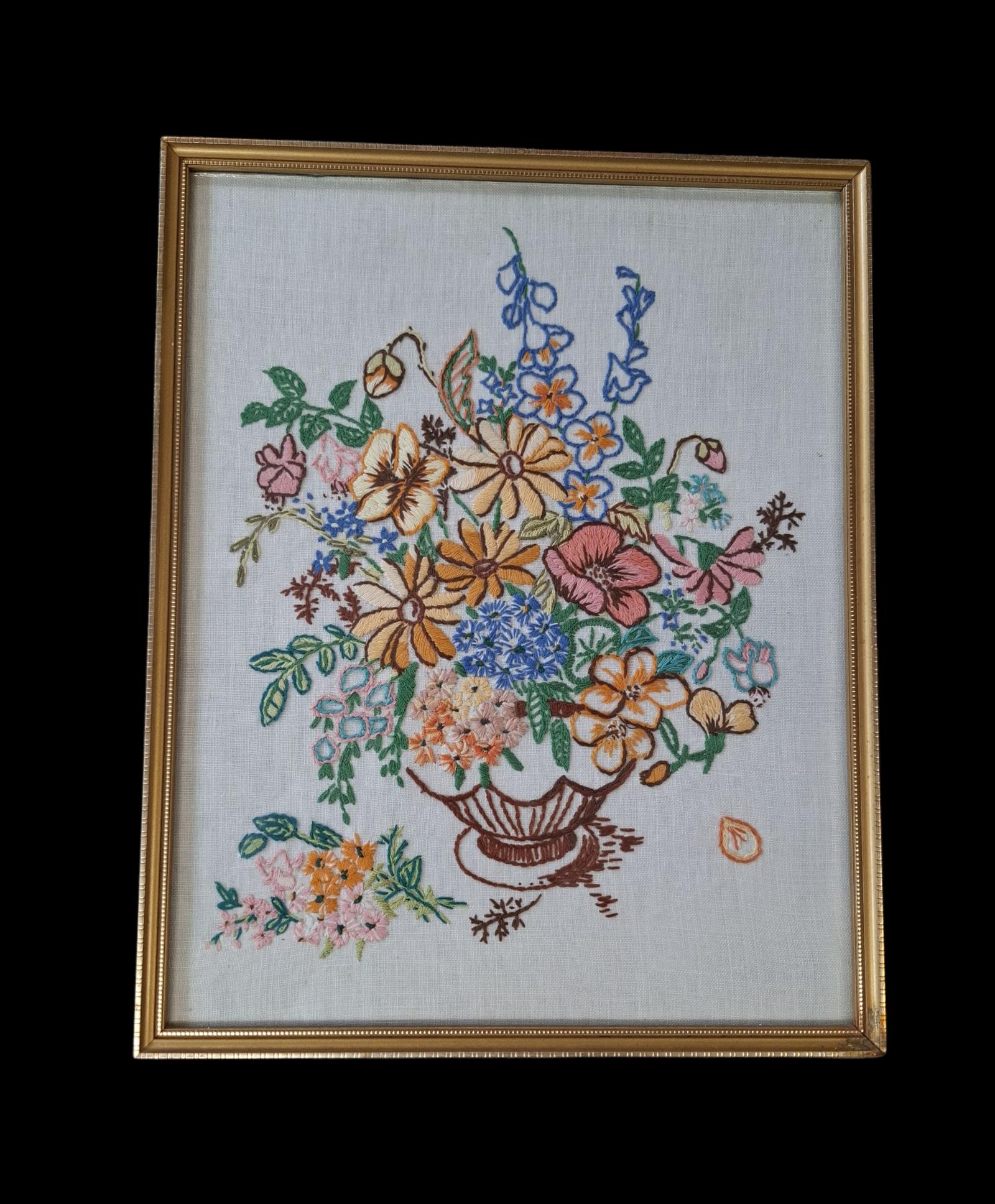 Framed Hand Stitched Embroidery of Floral Scene (1 of 1)