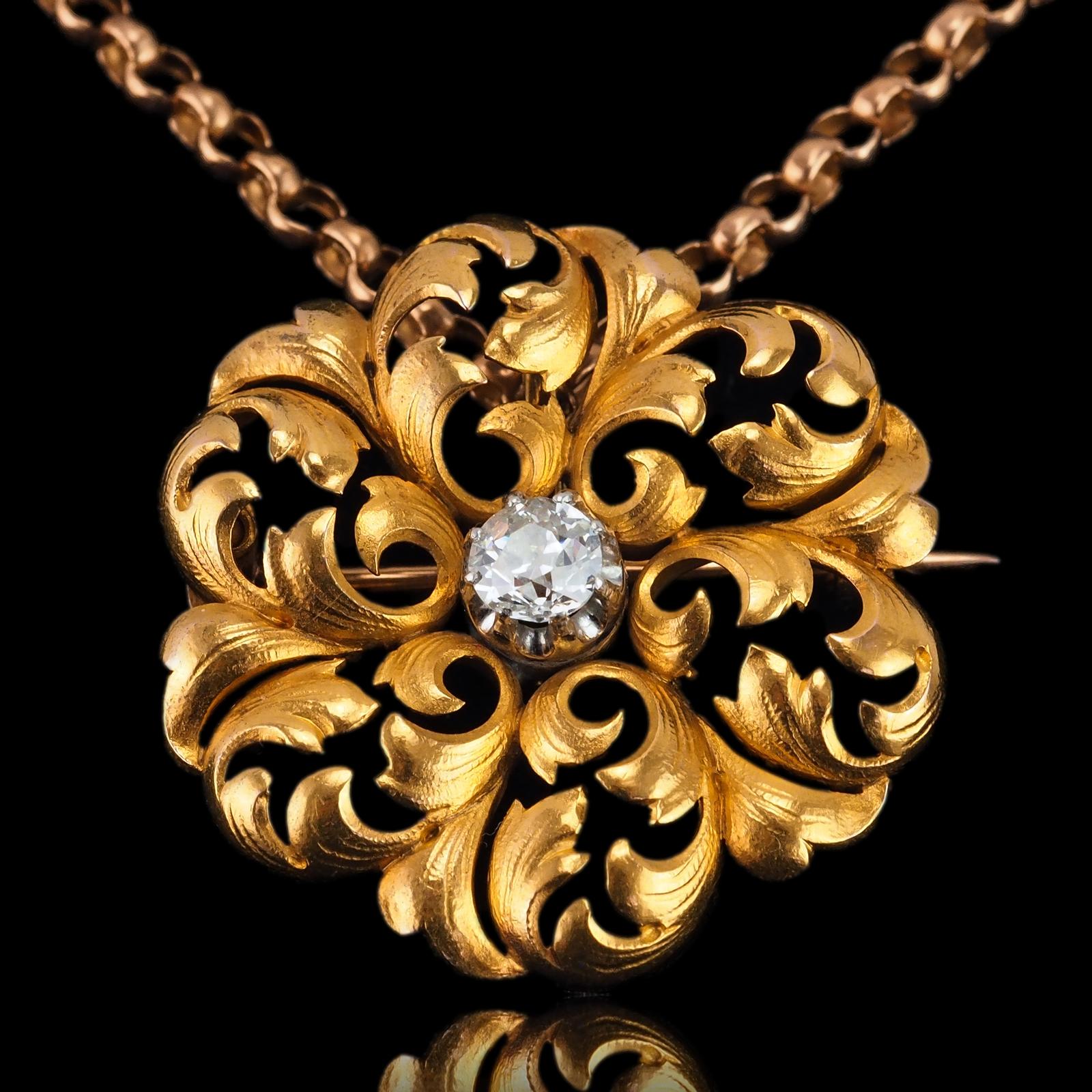 Antique Victorian French Diamond Pendant Necklace / Brooch 18ct Gold Floral Acanthus Design - 19th Century (1 of 21)