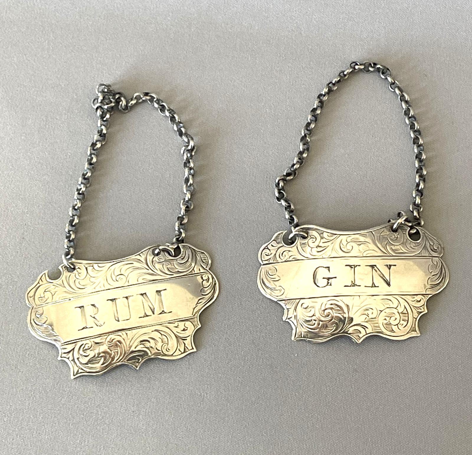 Pair of Victorian Silver Escutcheon Rum & Gin Labels (1 of 6) Pair of Victorian Silver Escutcheon Rum & Gin Labels (1 of 6)