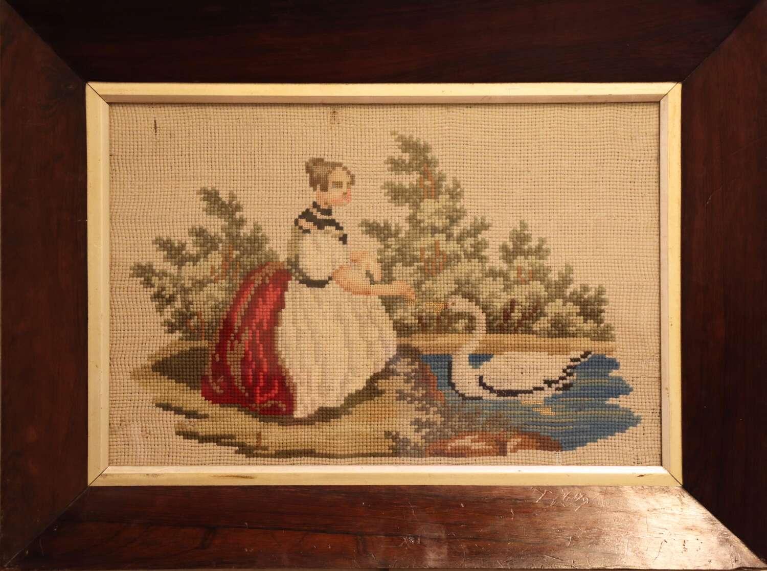 Mid 19th Century Gros Point Needlework - Girl Feeding a Swan c.1860 (1 of 2)