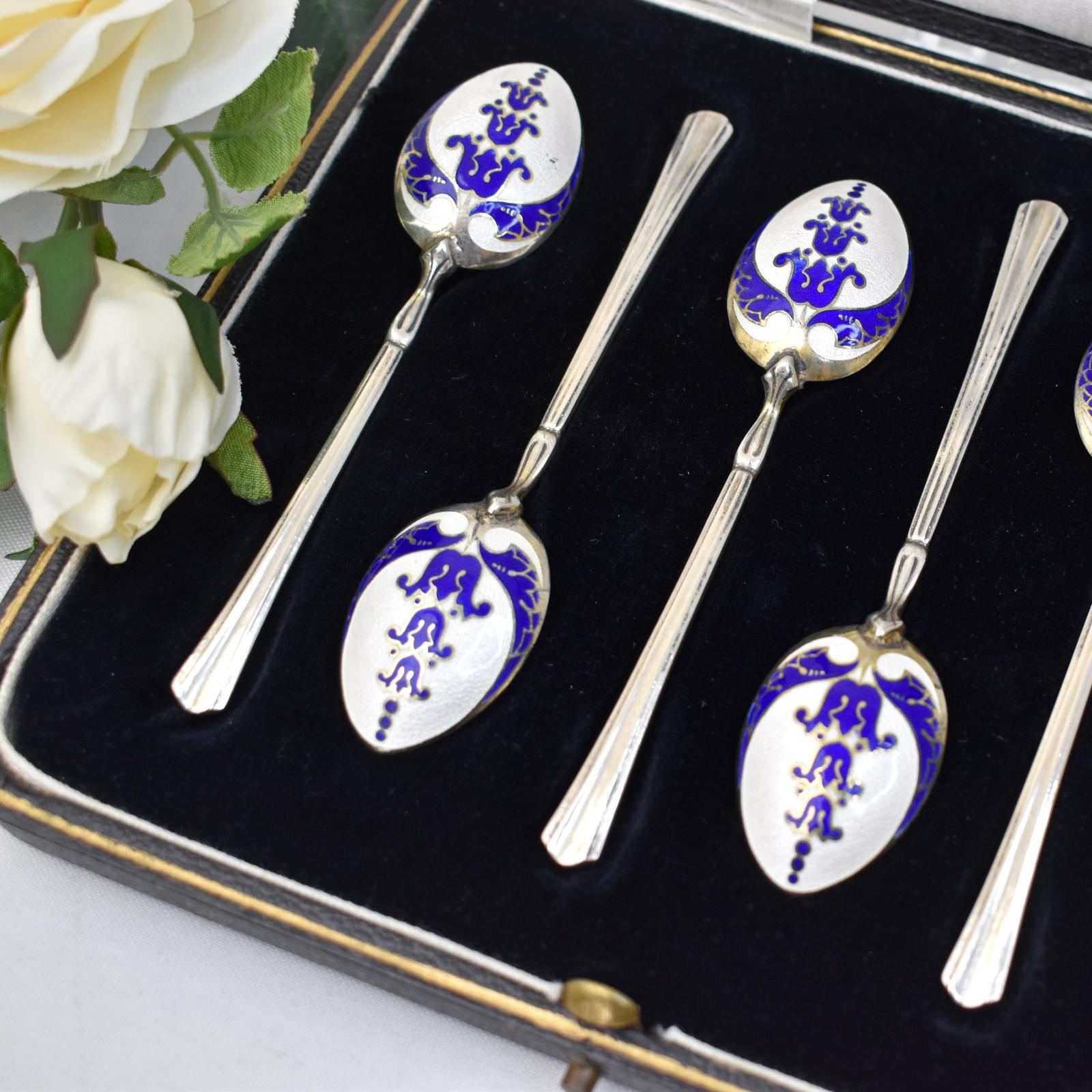 Vintage Sterling Silver Guilloché Enamel Tea Spoons in Original Box - Turner & Simpson Ltd (1 of 9) Vintage Sterling Silver Guilloché Enamel Tea Spoons in Original Box - Turner & Simpson Ltd (1 of 9)