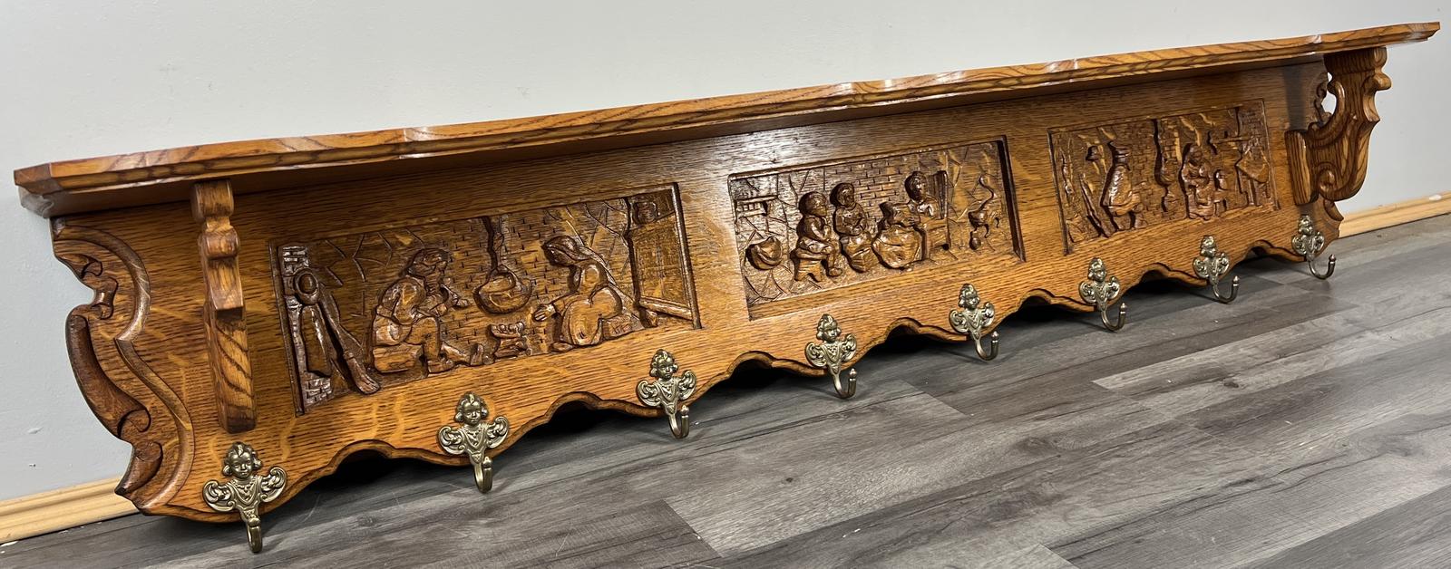 French Vintage Coat Rack Oak 8 Hooks Ornate Wall Shelf (1 of 8)