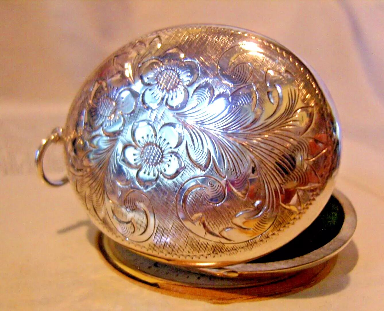 Sterling Silver Pocket Watch Chain Photograph Fob 1973 Vintage Large Ornate Fob (1 of 13)