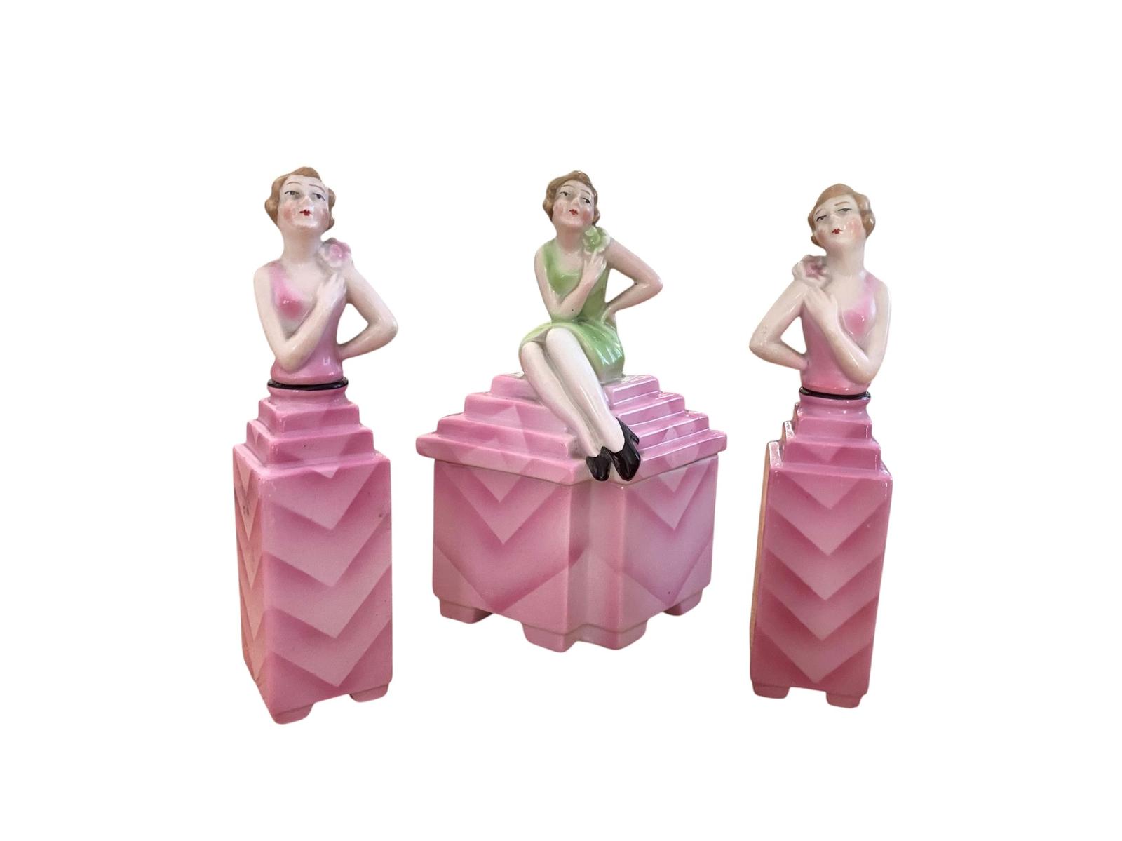 Art Deco Flapper Ladies Perfume Bottles & Powder Pot - German Porcelain Vanity Set (1 of 9) Art Deco Flapper Ladies Perfume Bottles & Powder Pot - German Porcelain Vanity Set (1 of 9)