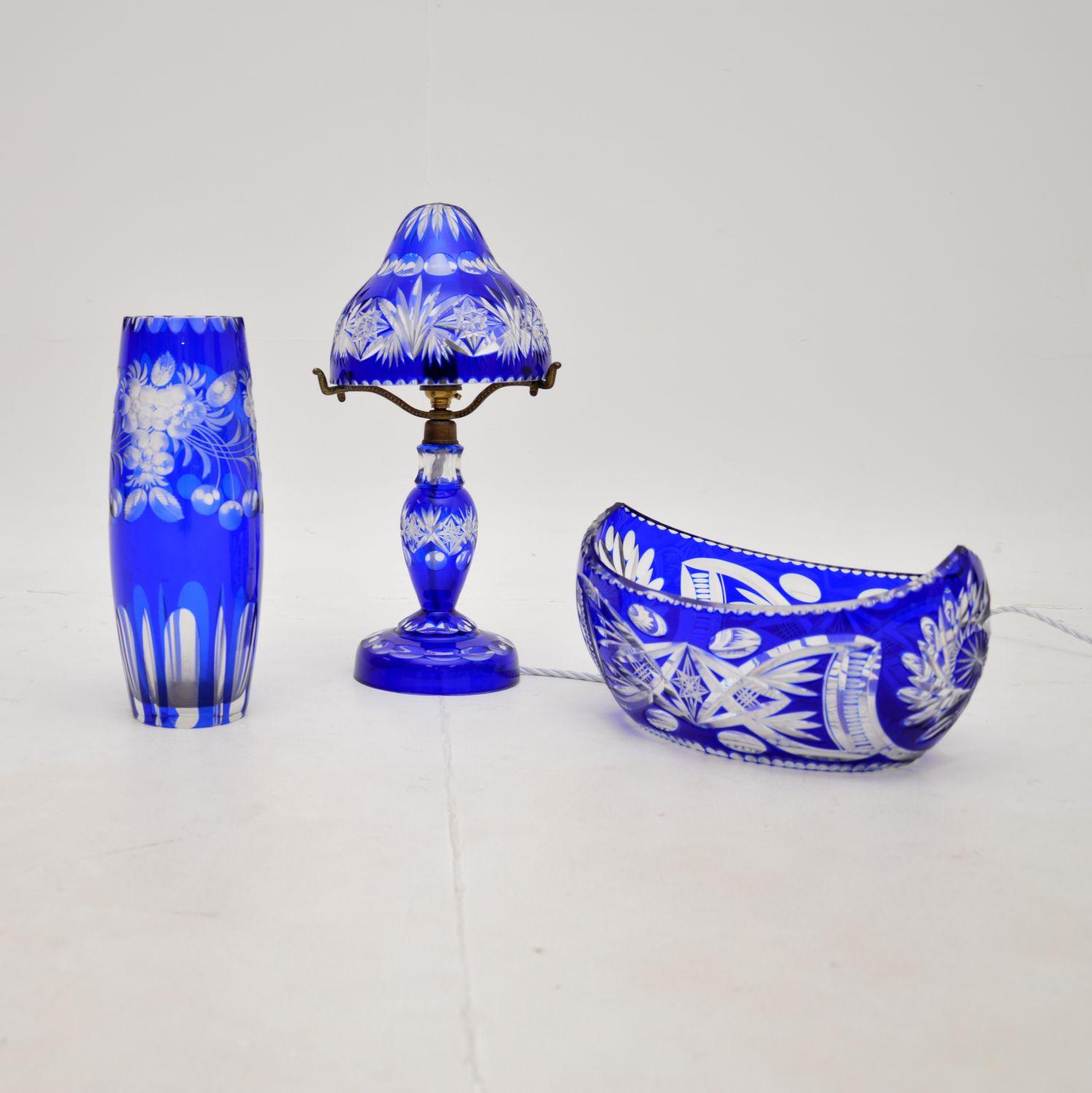 Antique Bohemian Crystal Glass Table Lamp, Vase & Dish (1 of 13)