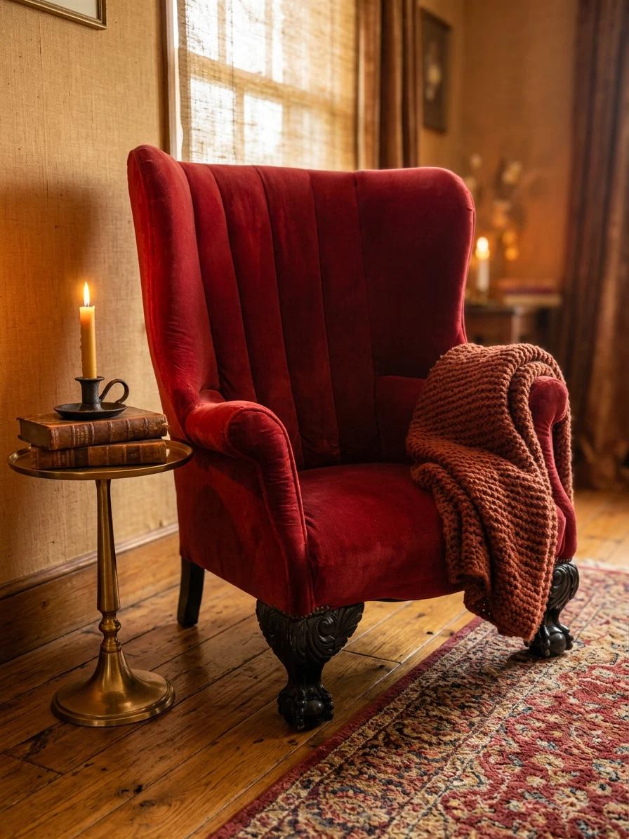 Antique Large Wingback Armchair In Red Velvet And Ball And Claw Feet (1 of 7) Antique Large Wingback Armchair In Red Velvet And Ball And Claw Feet (1 of 7)