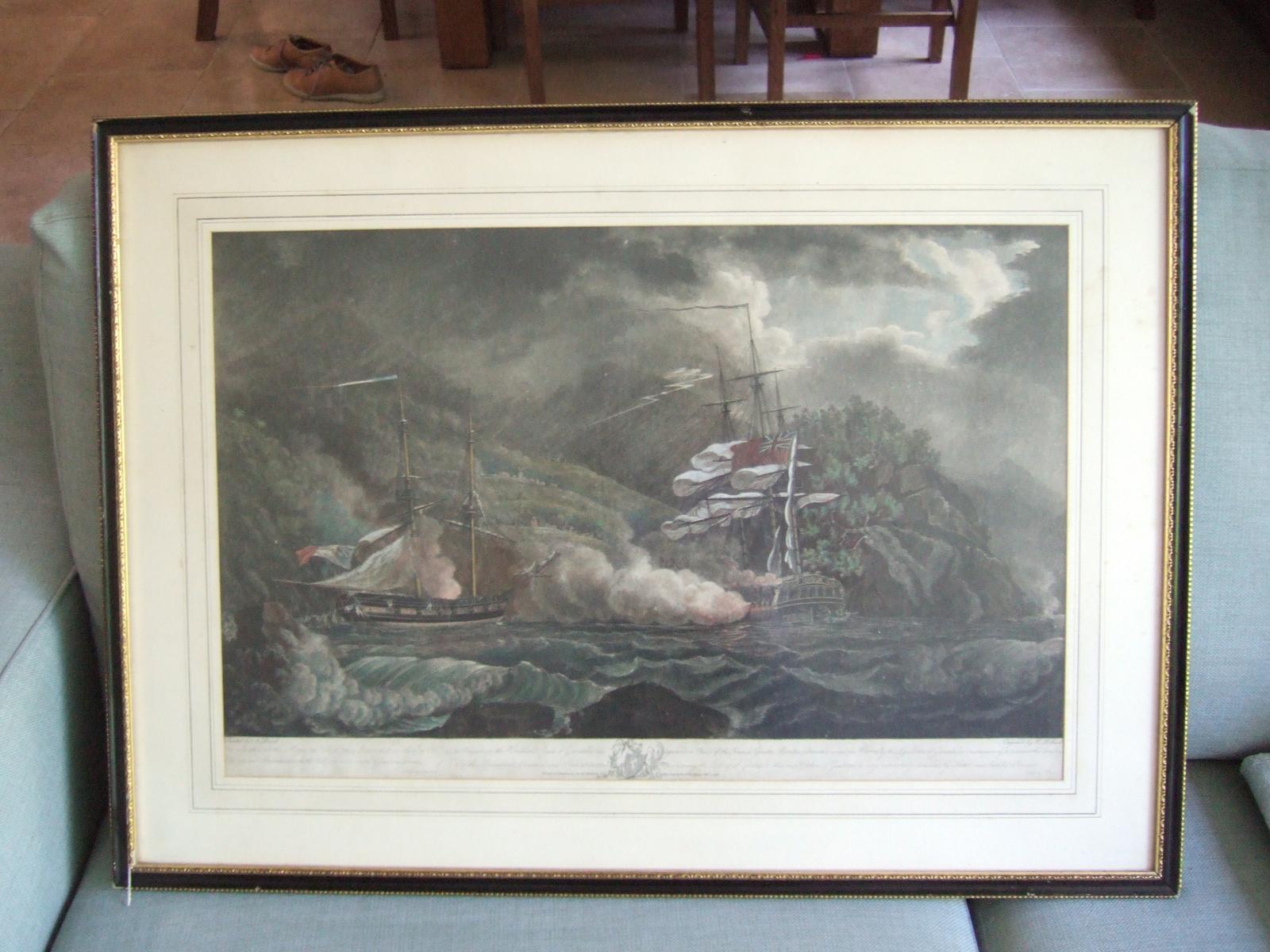 R. Pollard After N Pocock:  Late 18th Century Aquatint of The Mermaid "Run Aground in Chase of the French Corvette Brutus" (1 of 7)