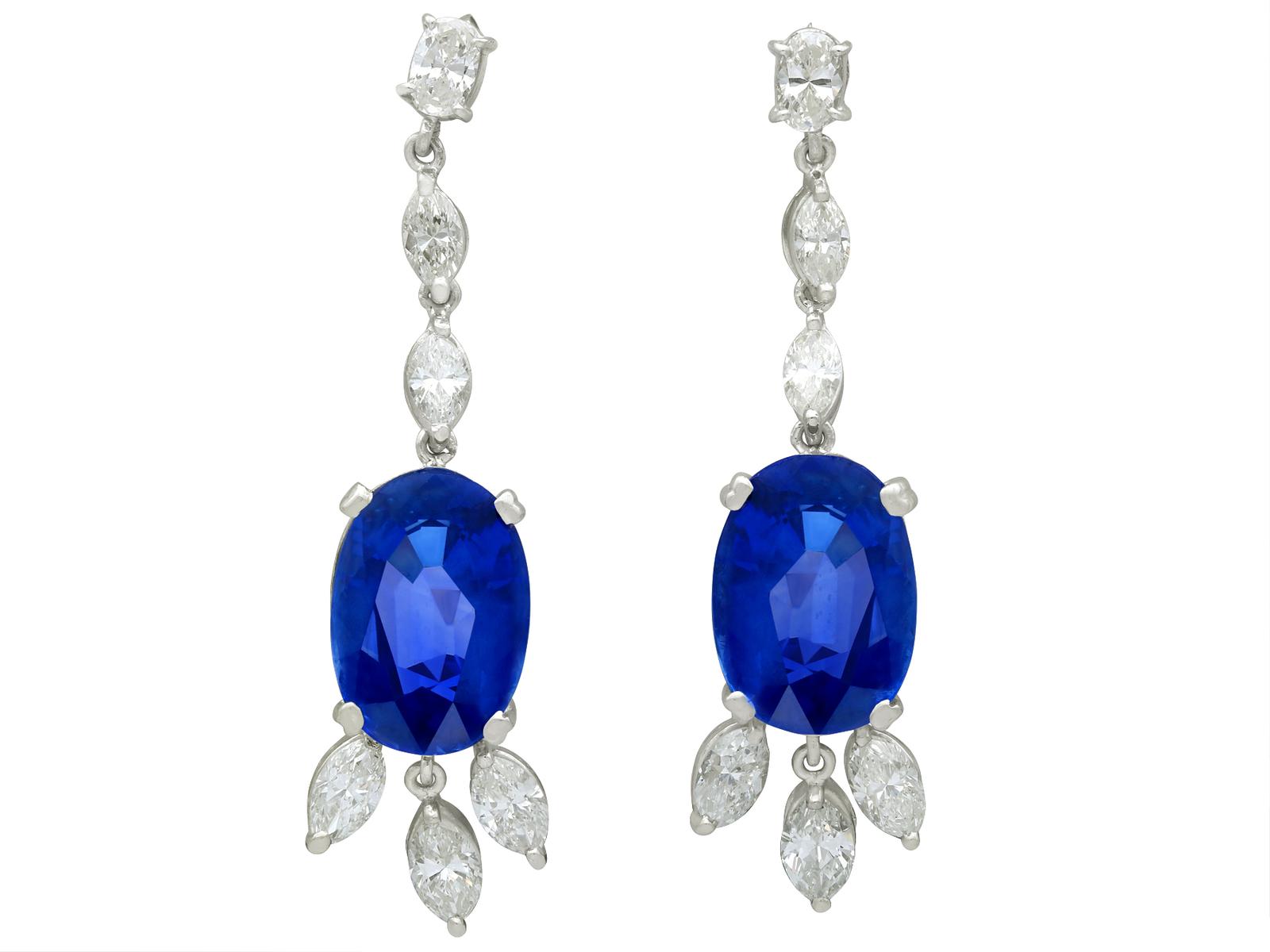 Vintage 16.78ct Ceylon Sapphire & 4.26ct Diamond, 9ct White Gold Drop Earrings c.1960 (1 of 22)
