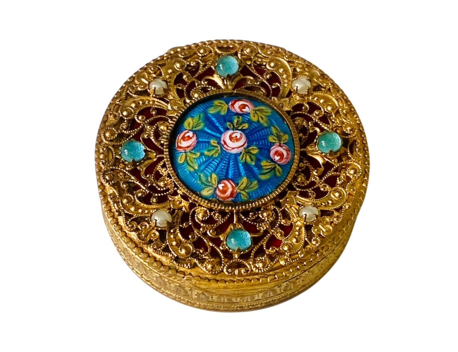Art Deco Jewelled Filigree Gilt Metal & Guilloche Enamel Powder Compact c.1930 (1 of 9)
