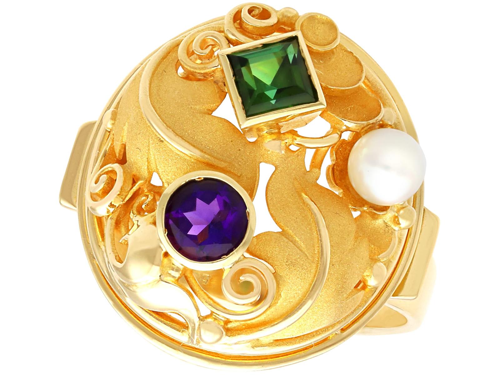 Vintage German Pearl, 0.33ct Tourmaline, 0.30ct Amethyst & 14ct Yellow Gold Dress Ring c.1940 (1 of 10)