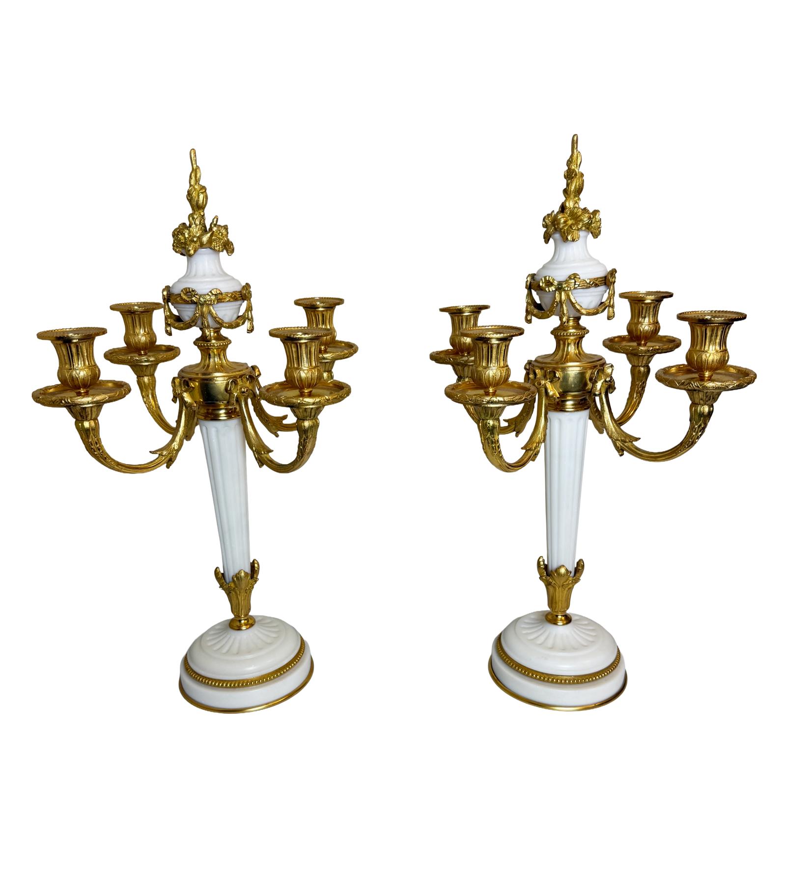 19th C. Carrara Marble Pair of Candelabras with Gilt Bronze Trim (1 of 8) 19th C. Carrara Marble Pair of Candelabras with Gilt Bronze Trim (1 of 8)