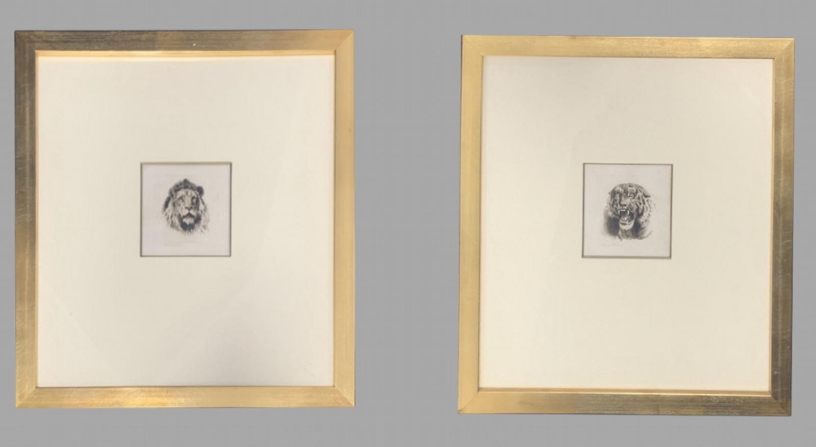 Herbert Dicksee Pair of Rare Miniature Etchings Lion & Tigress (1 of 5)