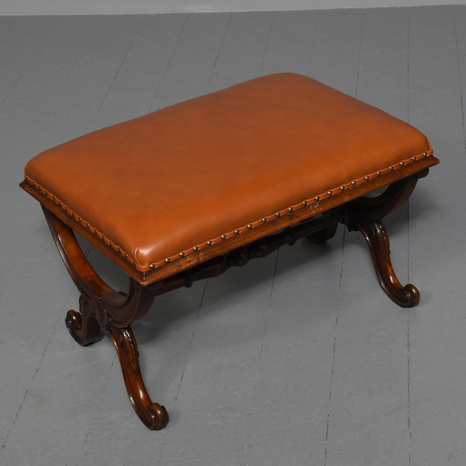 Large Early Victorian Walnut X Framed Stool, Newly Upholstered in Quality Tan Hide with Brass Studding (1 of 7)