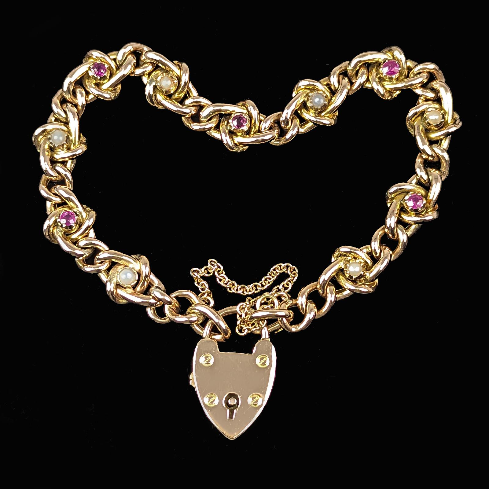 Antique Victorian 9ct Gold Ruby & Pearl Heart Padlock Bracelet Knot & Curb Link (1 of 9)